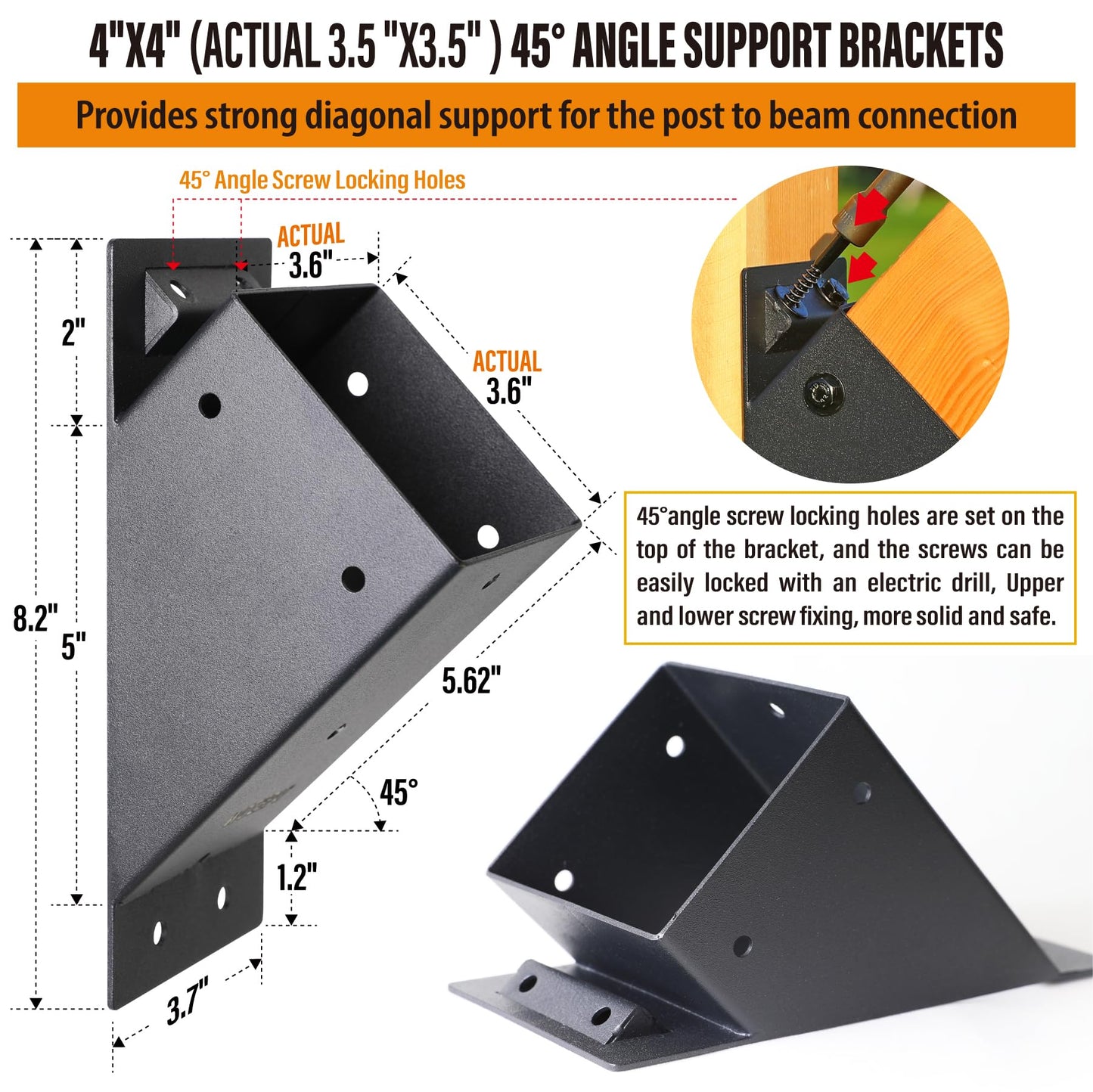 Wocepu 8pack 4x4 (Actual 3.5''x3.5'') Degree Angle Support Brackets, for Pergola, Gazebo, Deck Wood Frame Structures Provide Support 45° Degree Angle Bracket
