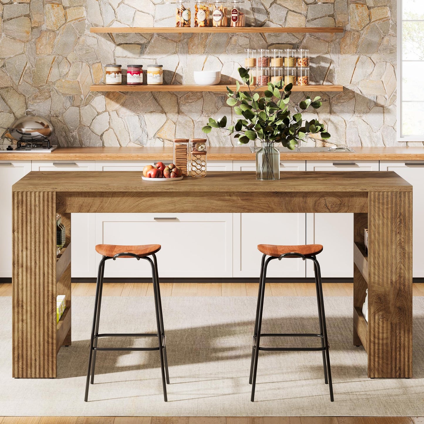 Tribesigns 63-Inch Kitchen Island with Storage, Farmhouse Home Bar Table with Double-Sided Storage Shelves, Large Stationary Island Table for Kitchen, Dining Room, Living Room (Natural)