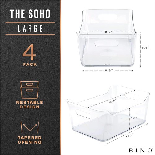 BINO Plastic Organizer Bins - Large 4 Pack | Multi-Use Pantry & Freezer Storage Containers