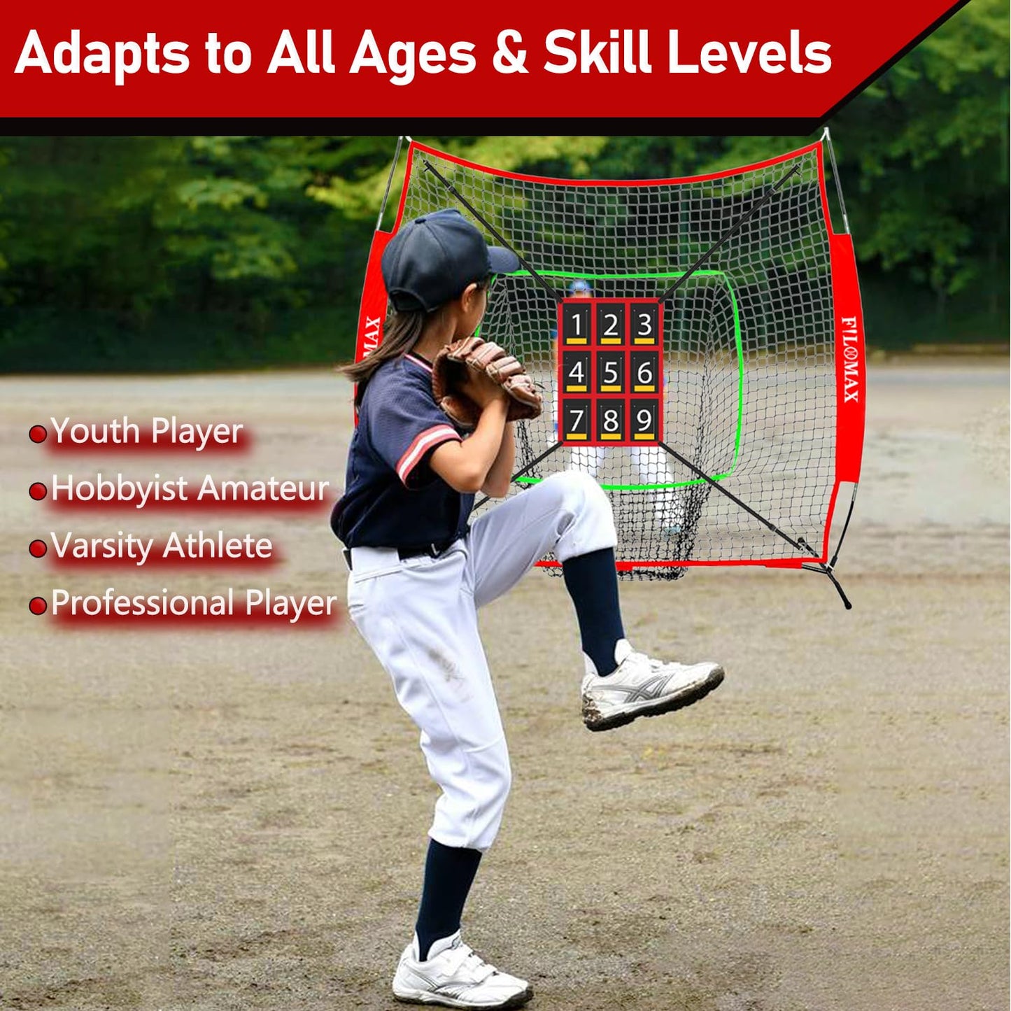 FILOMAX 7x7 ft Baseball & Softball Practice Net with 9 Numbered Strike Zone | PRO Training Net for Hitting, Pitching & Batting | with Carry Bag, Bow Frame for All Ages & Skills