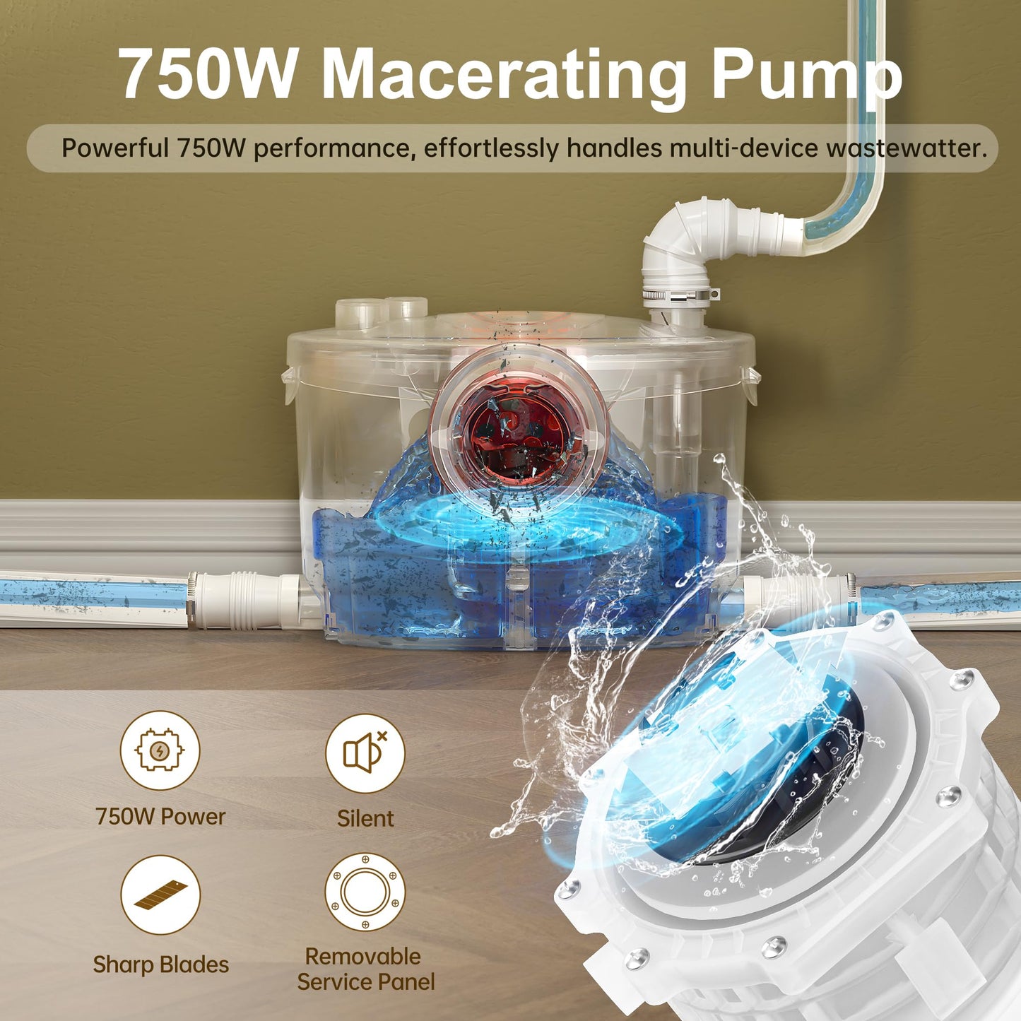 SUPERFLO 750W Macerator Pump for Basement Toilet System 32.8 Ft/10 M Head, 9,000 L/h Flow, Macerating Sewerage Sump Pump with 4 Water Inlets for Toilet, Kitchen, Sink, Shower