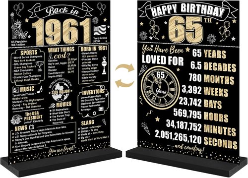 Back In 1961 65th Birthday Decorations - Two-Sided Wooden Table Sign with Stand | Black & Gold Party Decor