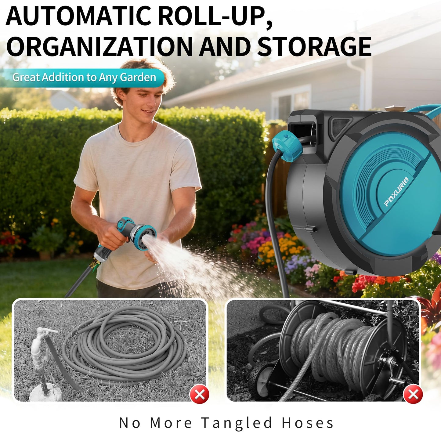 POXURIO 1/2" 110FT Retractable Garden Hose Reel, Wall Mounted Automatic Hose Reel with Upgraded 10 Pattern Nozzle/Any Length Lock/Slow Return System/180°Swivel Bracket, AquaBlue