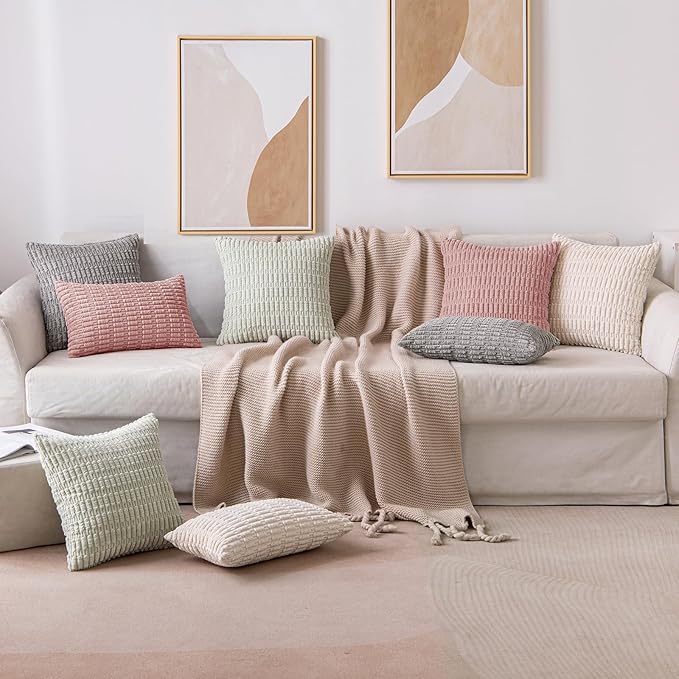 MIULEE Pack of 2 Corduroy Decorative Euro Throw Pillow Covers 24x24 Inch Soft Boho Striped Pillow Covers Modern Farmhouse Home Decor for Sofa Living Room Couch Bed Blush Pink Spring Valentine Decor