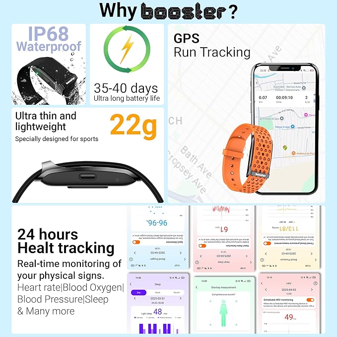 Booster Smart Bracelet, Wearable Activity & Fitness Tracker Band, 24H Sleep Tracker, All-Day Continuous Heart Rate Blood Pressure Stress HRV Monitor, 120+ Sport Modes Smart Wristband, Silicone Orange