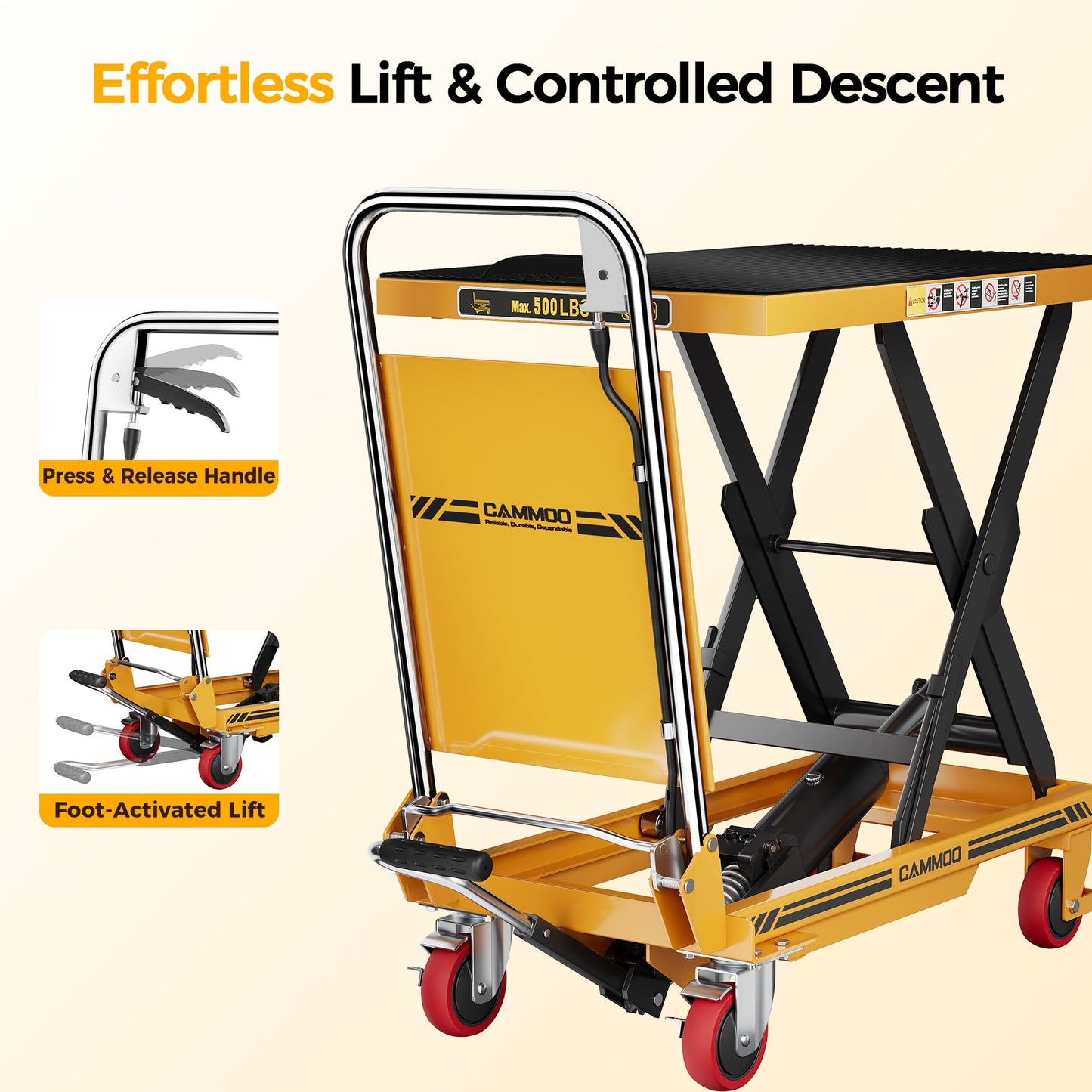 CAMMOO Foldable Hydraulic Lift Table Cart, 500lbs Capacity, 28.5" Lifting Height, Single Scissor Lift with Non-Slip Pad & Thickened Scissors Design for Material Handling and Transportation, Yellow