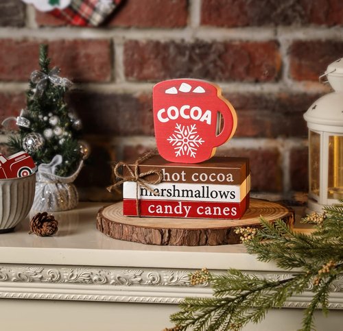 KORMMCO Christmas Wood Decor - Hot Cocoa Decorative Book Stack for Tiered Tray | Mini Faux Book Decor