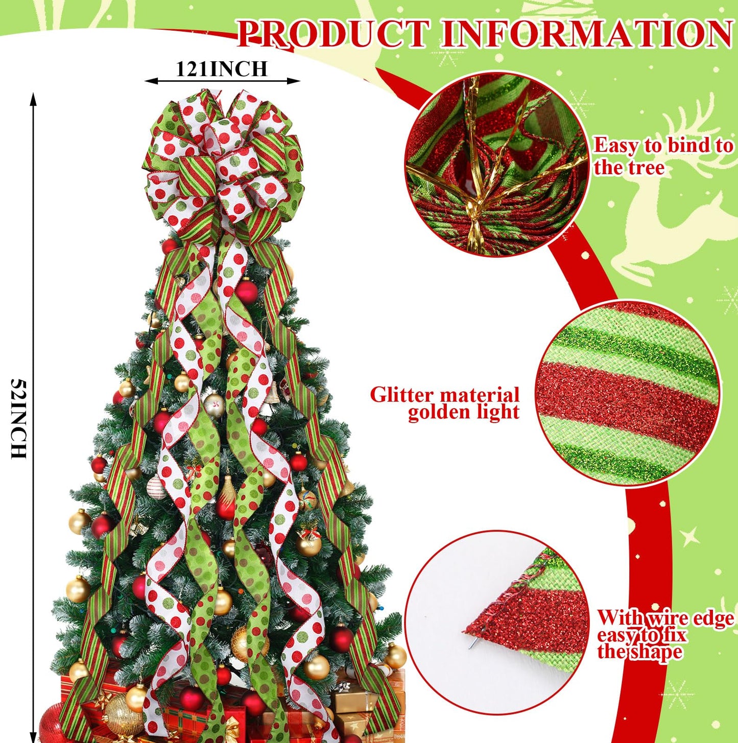 Tigeen Large Christmas Tree Bow Topper 52 x 12 Inch Red Green White Polka Dot Tree Topper Xmas Wreath Bow with Glitter Streamers for Christmas Party Indoor Outdoor Decoration Favor Supplies
