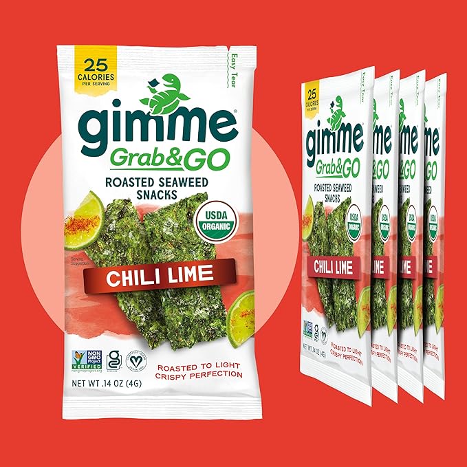 Gimme Seaweed Grab & Go Organic Premium Roasted Seaweed Snacks, Chili Lime, 5 Count Trayless, Keto, Vegan, Gluten-Free, Source of Omega3s, Healthy On-The-Go Snack for Kids & Adults