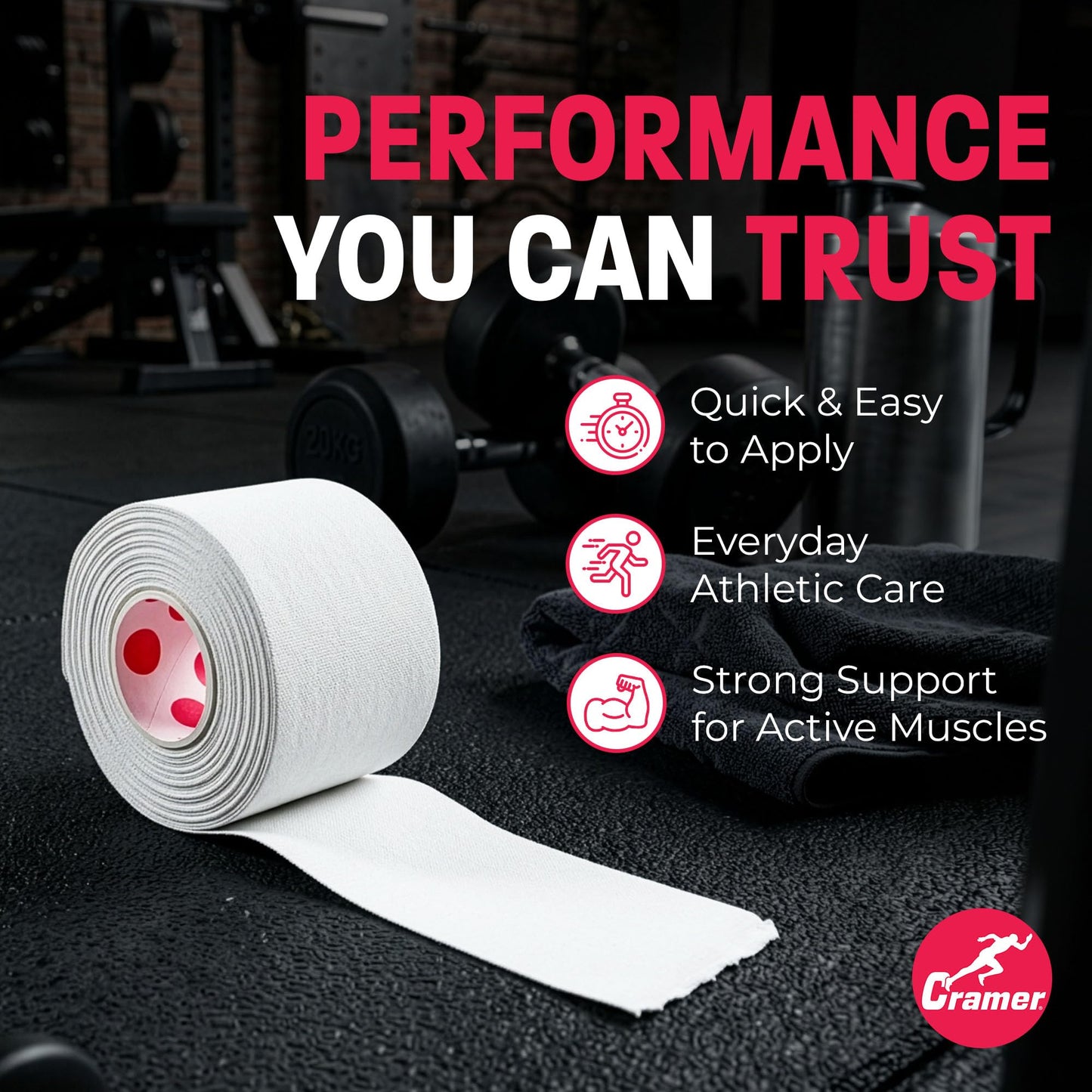 Cramer Team Color Athletic Tape, White, Latex-Free, 1.5" x 15yds, 32 Roll Bulk Case, Tearable Sports Tape for Wrists, Ankles, Baseball, Training, Strong Athletic Wrap for Athletes & Trainers