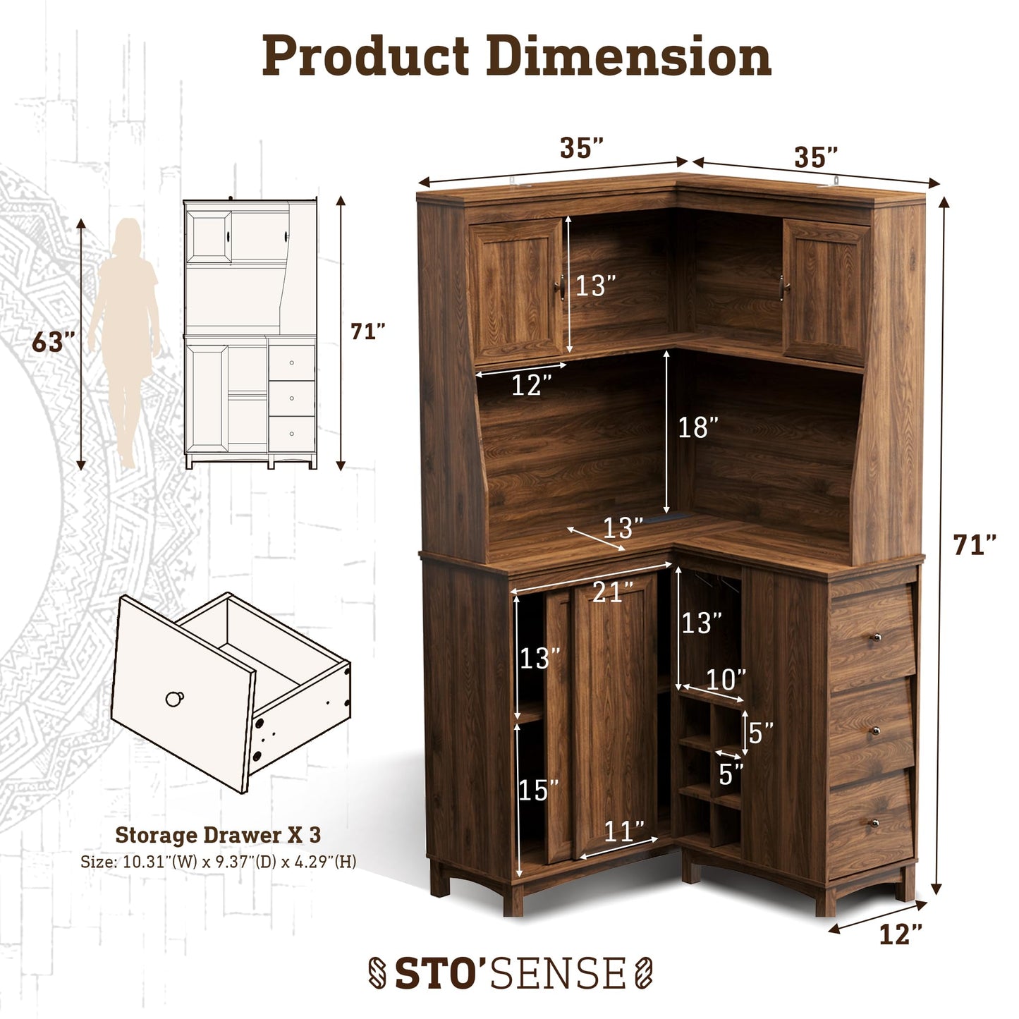 STO’Sense 71" Tall Corner Cabinet w/Charging Station,L-Shaped Kitchen Pantry Storage Cabinet w/3 Drawers,Countertop,Wine Rack,Shelves,Glass Holder&Sliding Door, Large Microwave Stand Hutch, Walnut