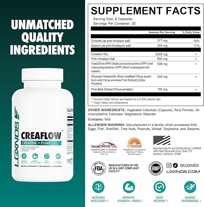 Creaflow Stim-Free Creatine Pills | Support Muscle Gain, Performance, Strength and Workout Recovery | Pre Workout Supplement for Men & Women | 180 Capsules, 30 Servings