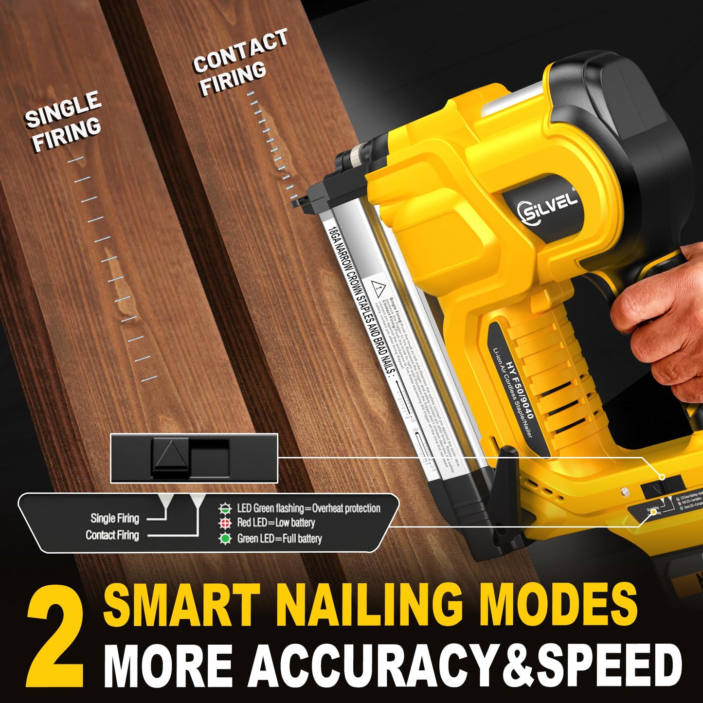 SILVEL 18 Gauge Cordless Brad Nailer, 2 in 1 Cordless Nail Gun/Electric Stapler, 2 * 4.0Ah Battery Powered Nail Gun, Fast Charging for Woodworking,Home Improvement, YELLOW