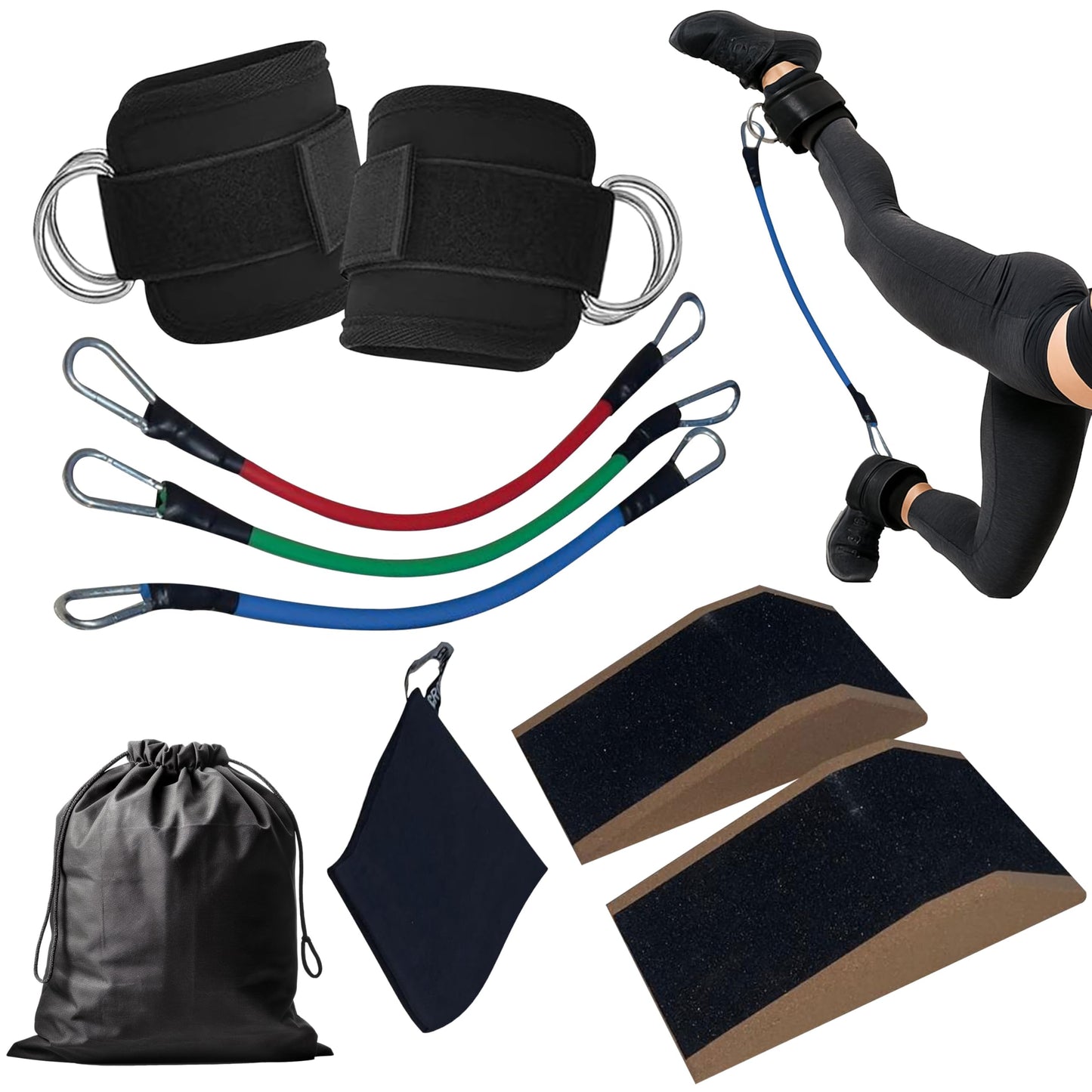 Slant Board for Calf Stretching & Squat Wedge + Ankle Resistance Bands – Glute & Leg Workout Equipment for Women – Booty Trainer Kit with Blocks, Bands & Towels – At Home Gym Set