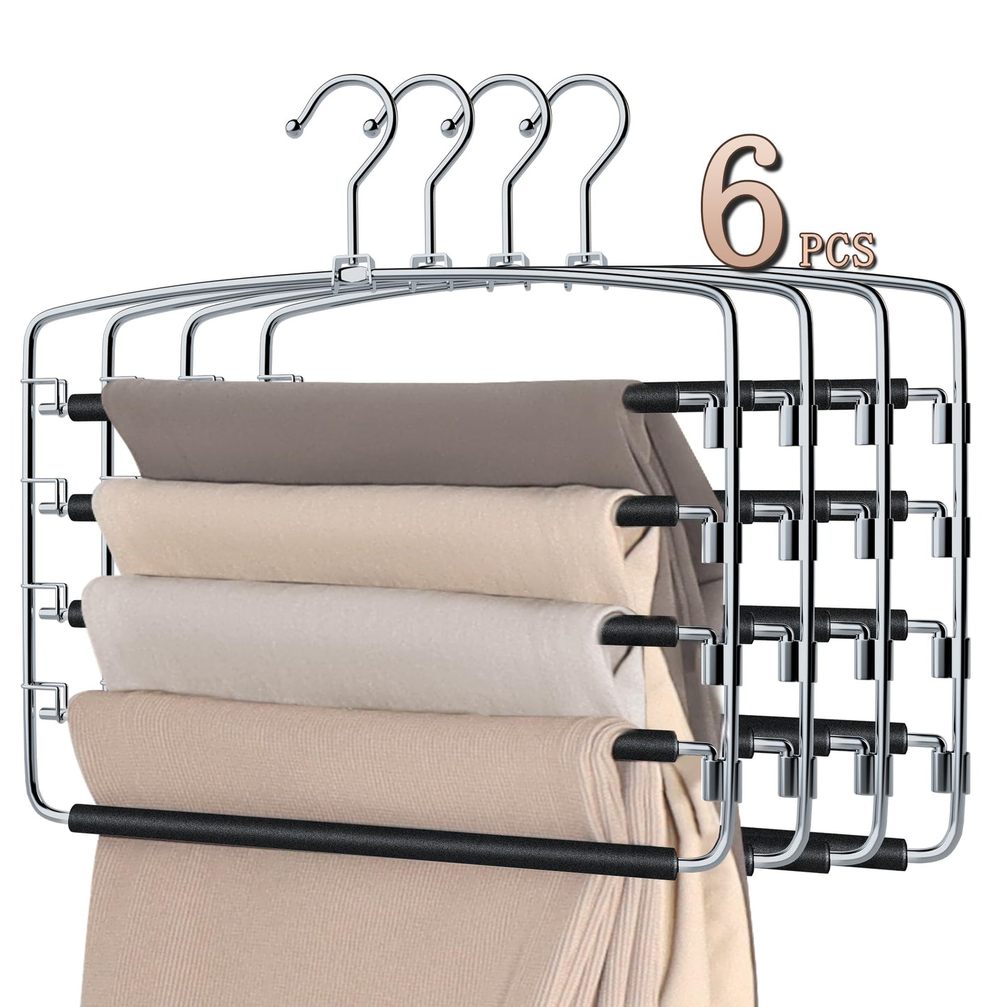 SINDAX Pants Hangers Space Saving - 6Pack, 5 Layers Space Saving Hangers, Sturdy Stainless Steel Pant Rack with Anti-Slip Swing Arm, Closet Organizers and Storage for Trousers Jeans