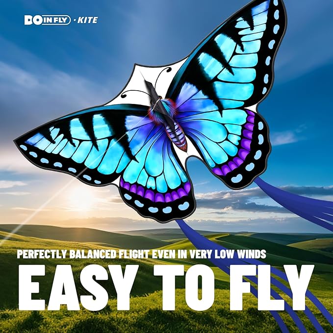 Kite-Butterfly Kites for Kids and Adults, Easy to Fly for Beginner, Durable and Eye- Catching Design, Beach Kites for Family Trip ＆ Outdoor Games and Activities （Blue）
