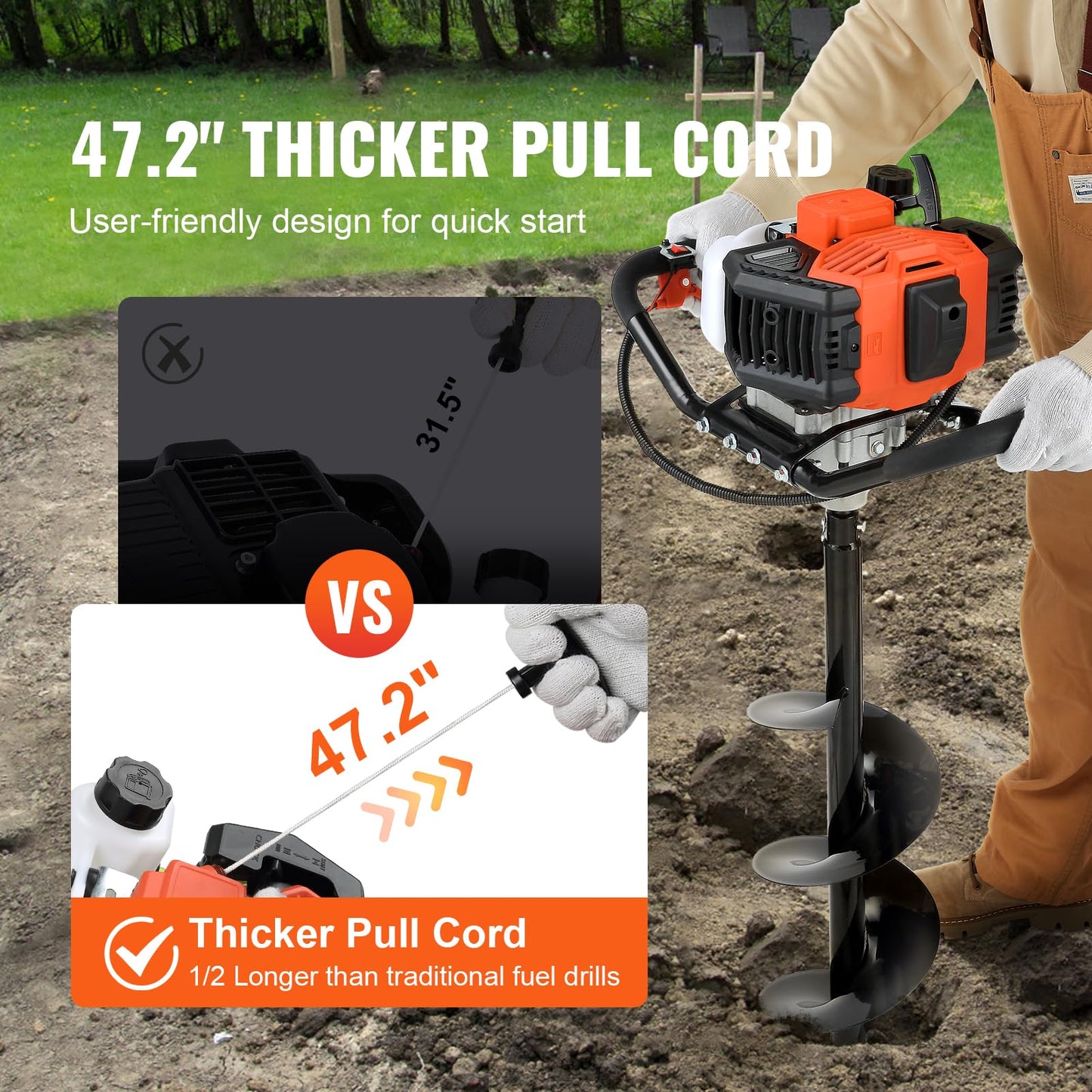 VEVOR Post Hole Digger, 43cc 1250W Auger Post Hole Digger, Gas Powered Earth Digger with 8" Earth Auger Drill Bit, 30 inch Long Alloy Steel Auger, for Farmland, Garden and Plant, EPA Certification