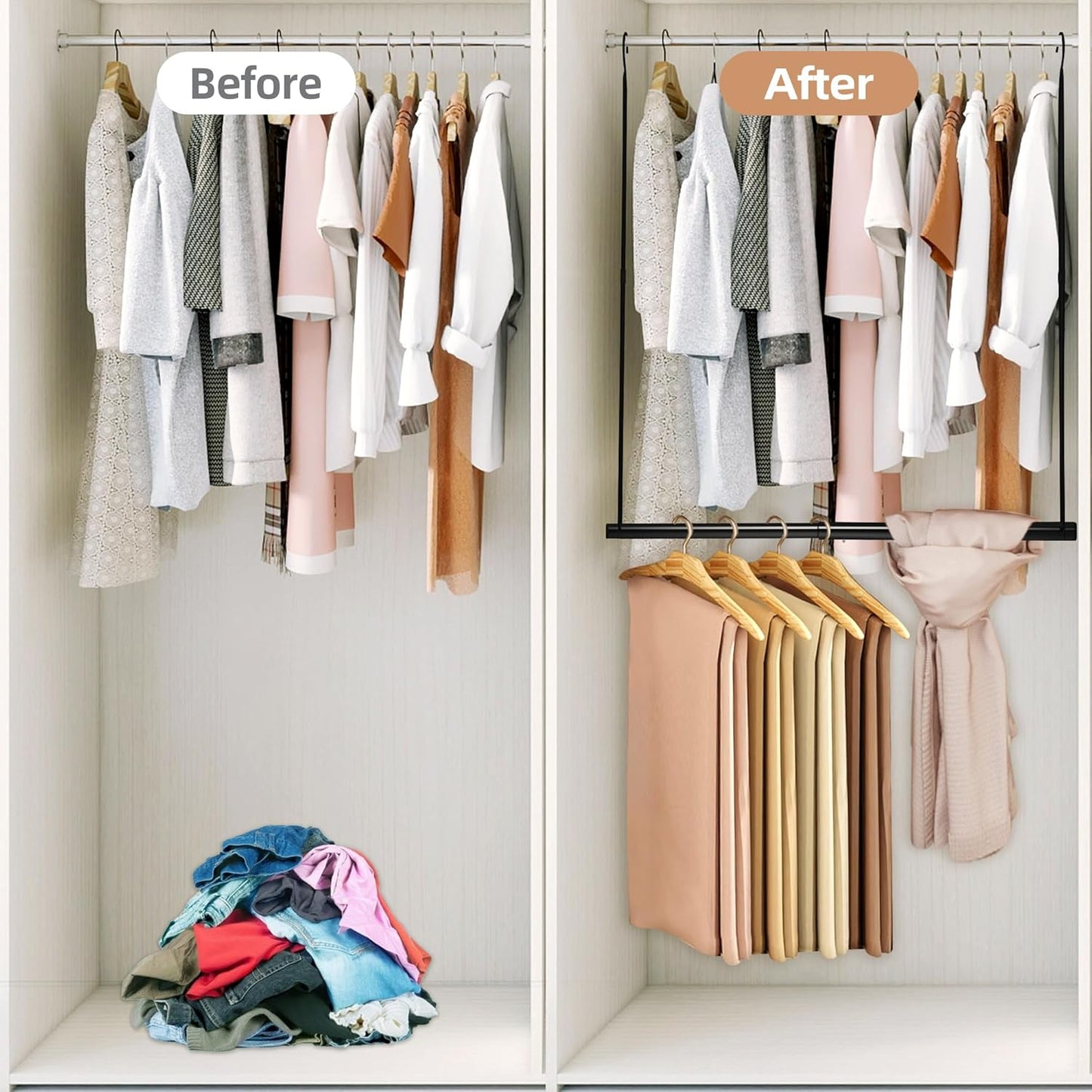 Storage Maniac Adjustable Closet Hanging Rod - Space-Saving Organizer for Clothes | 2 Pack Black