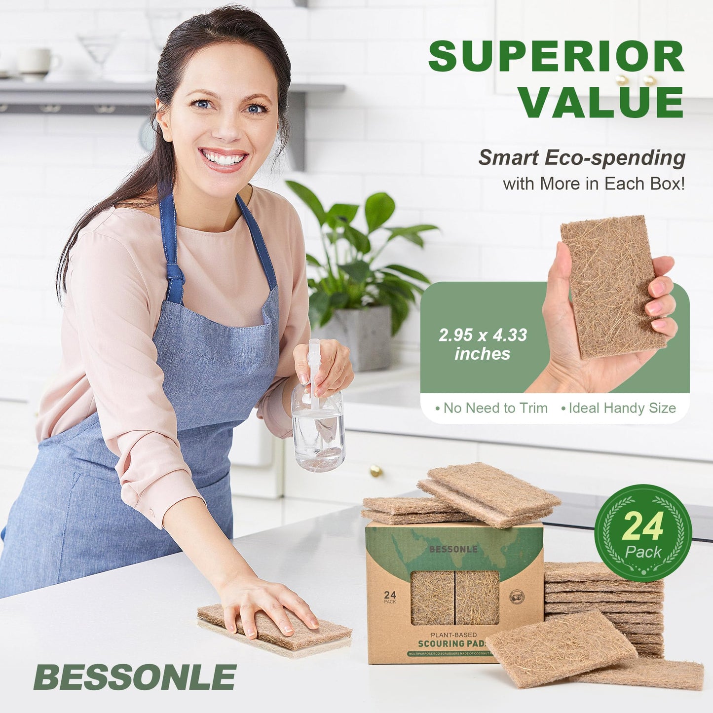 BESSONLE 24 Pack Natural Scouring Pads - Heavy Duty Scrubbing Pads for Dishes - Non-Scratch - Reusable - Natural, Eco-Friendly, Biodegradable Sisal Fibers Sponges for Dishes, Compostable