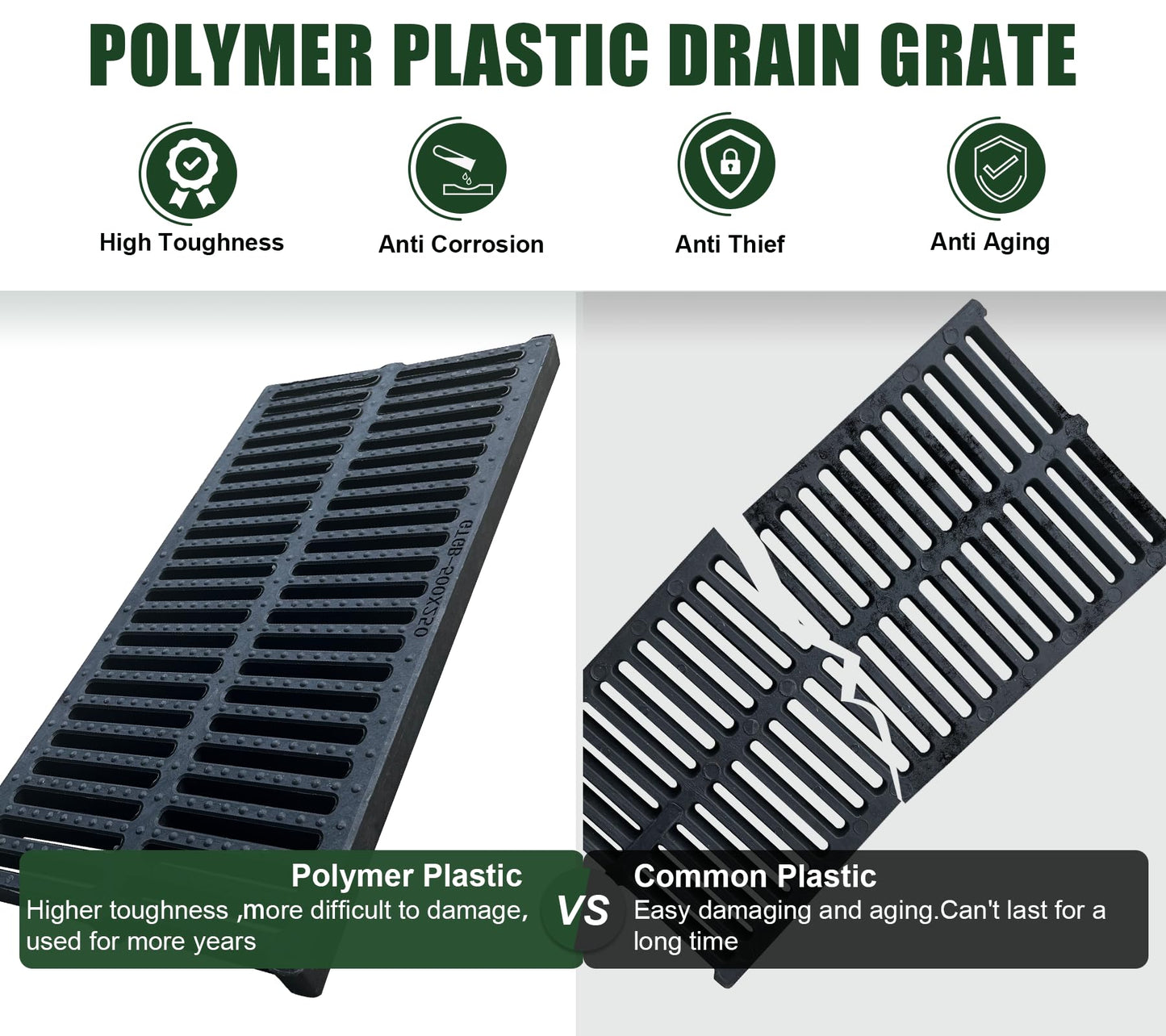 Natotela A15 8 Pack Polymer Plastic Channel Drain Grate-19.7x11.8x1.2 in Durable Trench Cover,Total Length 157.48 in Polymer Drain Strainer,Outdoor Drain Grates for Yard Sidewalk Patio Houseside