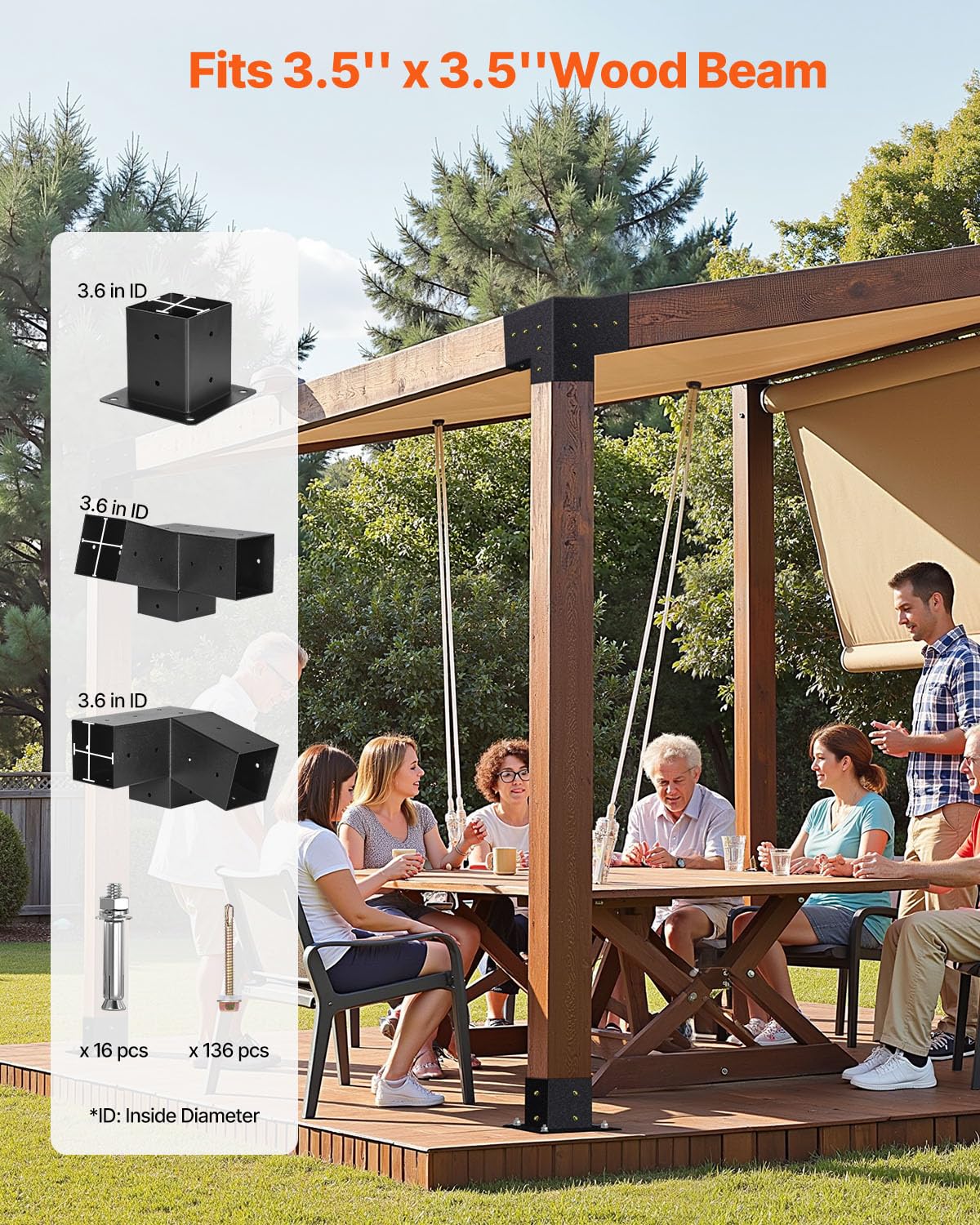 VEVOR Pergola Kit, 4x4 Inch 3-Way Slanted Bracket for 3.5x3.5 Inch Wood Beams in Actual Size, Carbon Steel Pergola Bracket with Screws and Post Bases, for Outdoor Wood Pergolas, Gazebos, Sheds, 8 Pcs