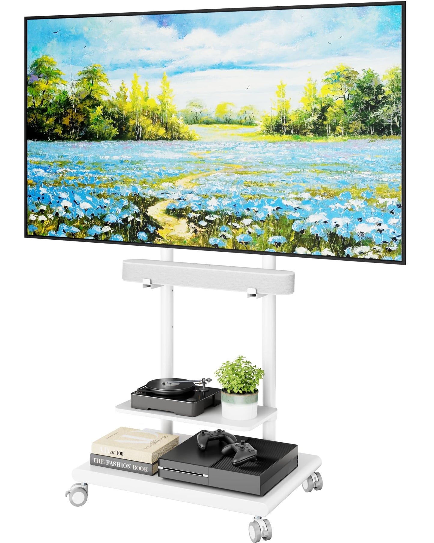 ECOTINY Steel Base Rolling TV Stand with Soundbar Mount for 37-75 inch TVs up to 154lbs, Swivel&Tilt Mobile TV Stand with Large Storage, Height Adjustable Heavy-Duty TV Cart, Max VESA 600x400mm, White