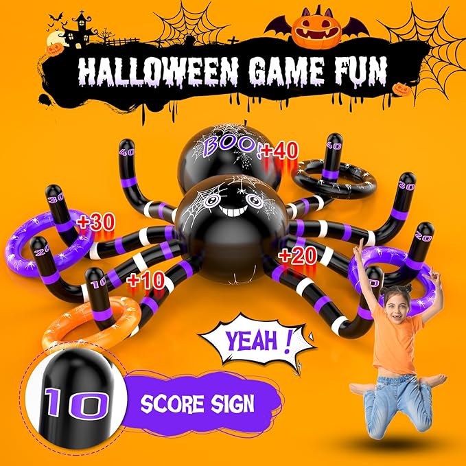 Halloween Ring Toss Games, 14PCS Inflatable Spider with Air Pump 12 Toss Rings for Halloween Party Games Super Fun Game Activities for Kids Adults Indoor Outdoor