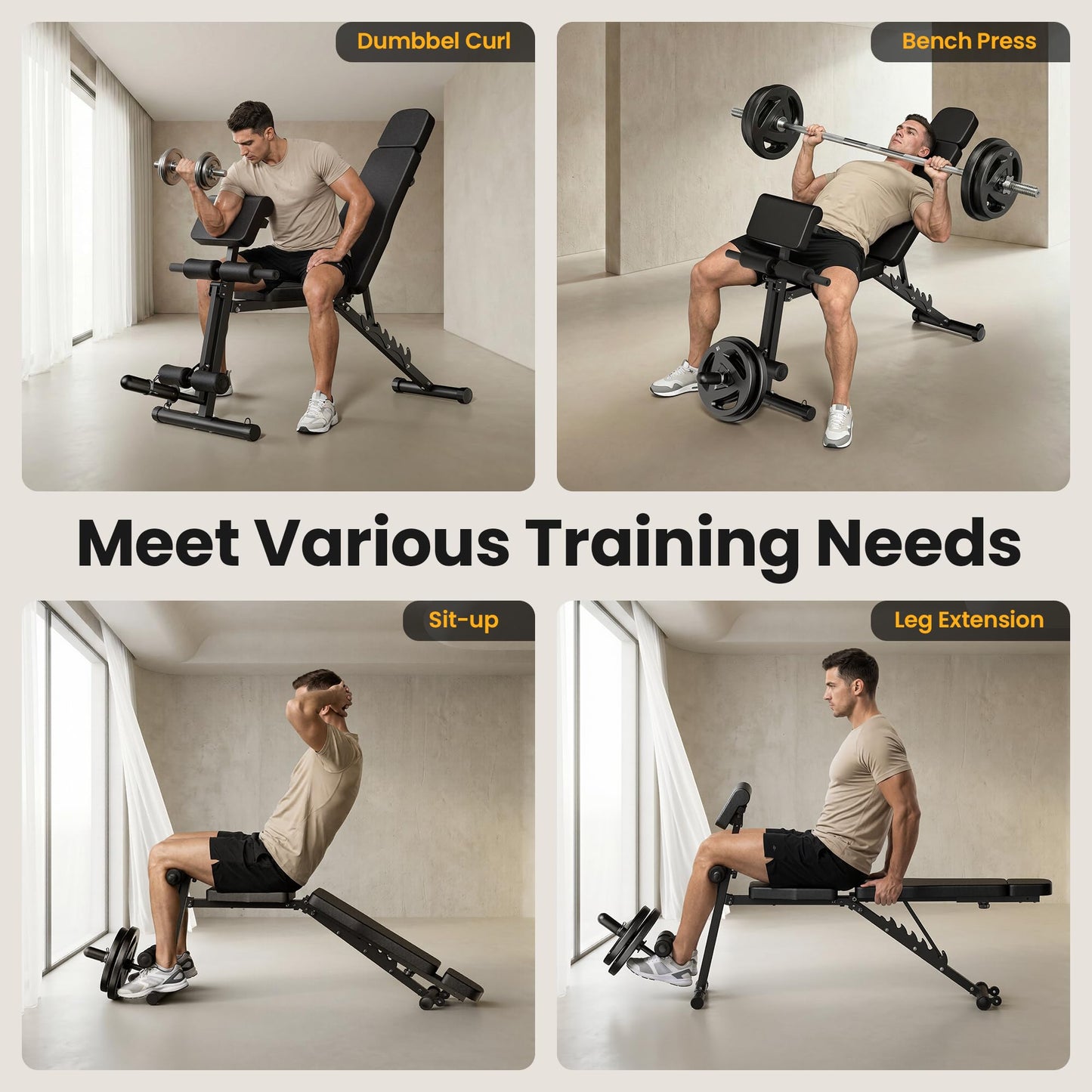 Steelite Adjustable Weight Bench for Home Gym, Foldable Workout Bench with Leg Extension and Leg Curl, 770 LBS Multi-Function Preacher Curl Weight Bench for Full Body Training Fitness, Incline Decline Flat Sit Up Bench Home Gym Equipment with Wheels for B