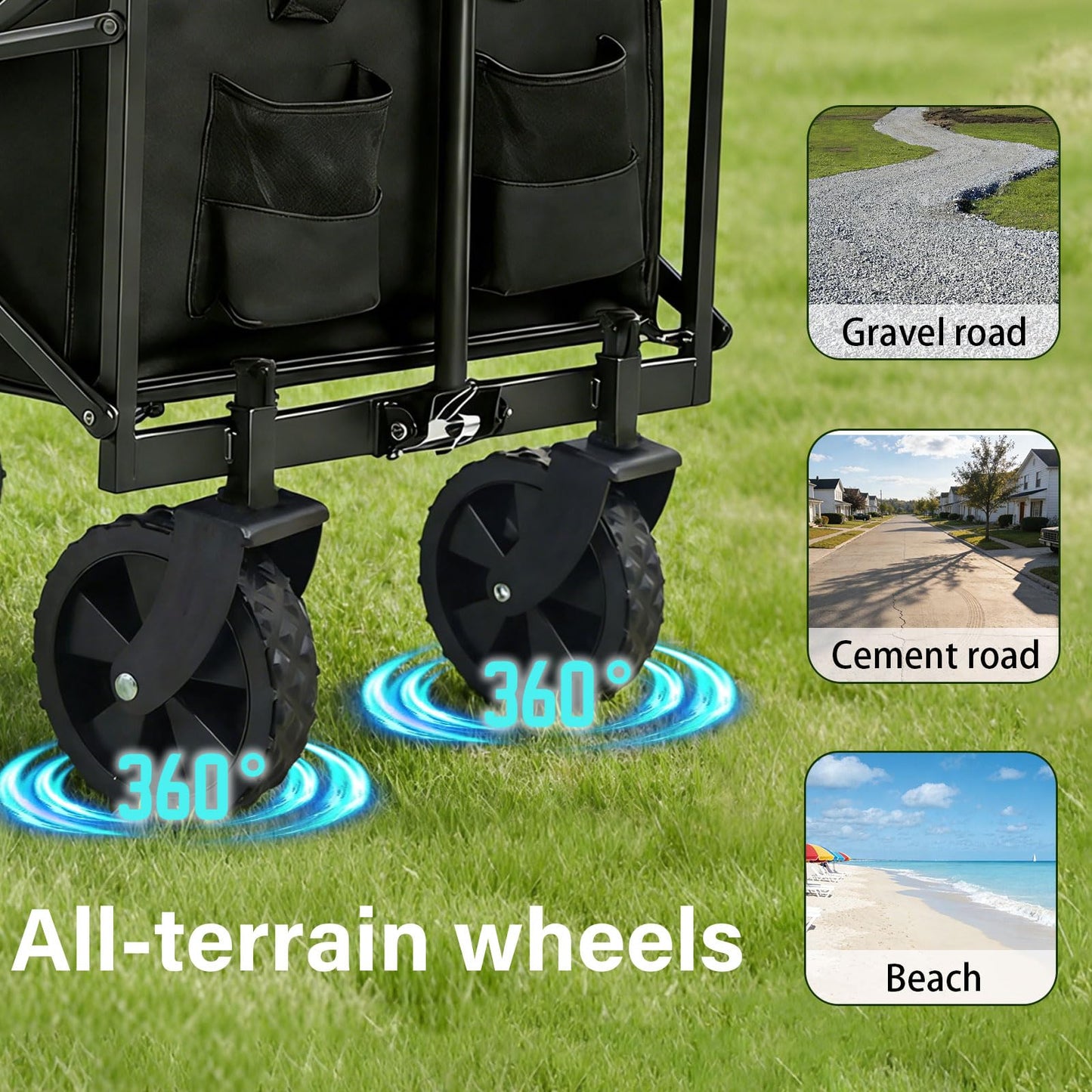 Tule Tuowu Folding Beach Wagon 330lbs Heavy Duty Collapsible Wagon Cart with 360° Swivel Wheels&Front Pocket, for Grocery,Shopping,Outdoor&Camping