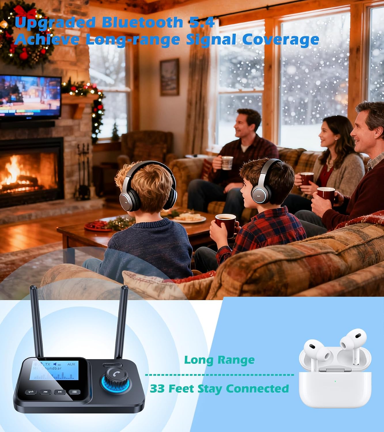 KAIY 2 2 1 Bluetooth Transmitter for TV Dual Link to Headphones, in Wireless Audio Adapter Receiver for Home Stereo