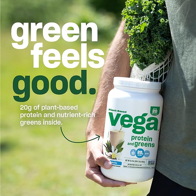 Vega Protein and Greens Protein Powder, Vanilla - 20g Plant Based Protein Plus Veggies, Vegan, Non GMO, Pea Protein for Women and Men, 1.2 lbs (Packaging May Vary)