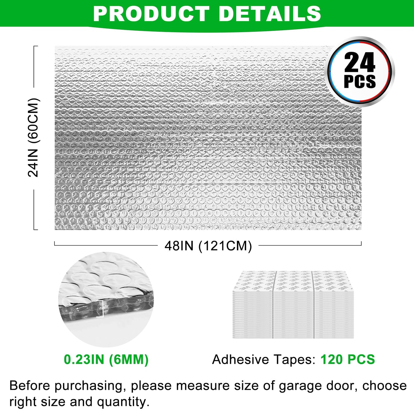 24P Garage Door Insulation Panels Kit 0.24"T Double Bubble Reflective Aluminum Foil 6MM Sheet Thermal Pre-Cut Insulation Shield 240 Tapes Winter Cold and Summer Heat for Attic Garage Wall (24" x 48")