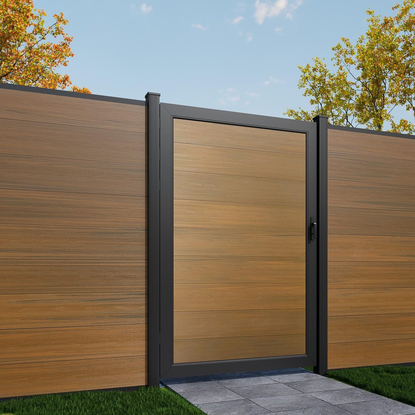 Mondaria Wood Plastic Composite Gate for Privacy Fence 6ft(H)*4ft(W), Fence Gate with Metal Frame and Knob Kits, Brown (Without Post)