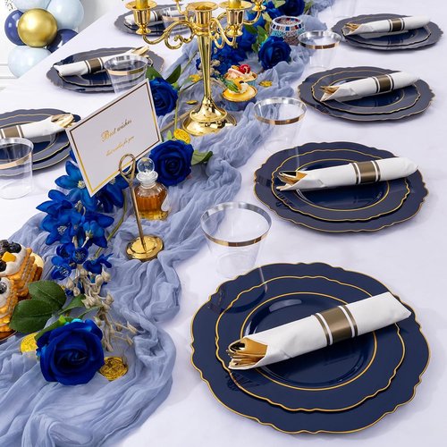 Liacere 350PCS Navy Blue Plastic Plates - Elegant Disposable Dinnerware Set for 50 Guests with Napkins & Silverware