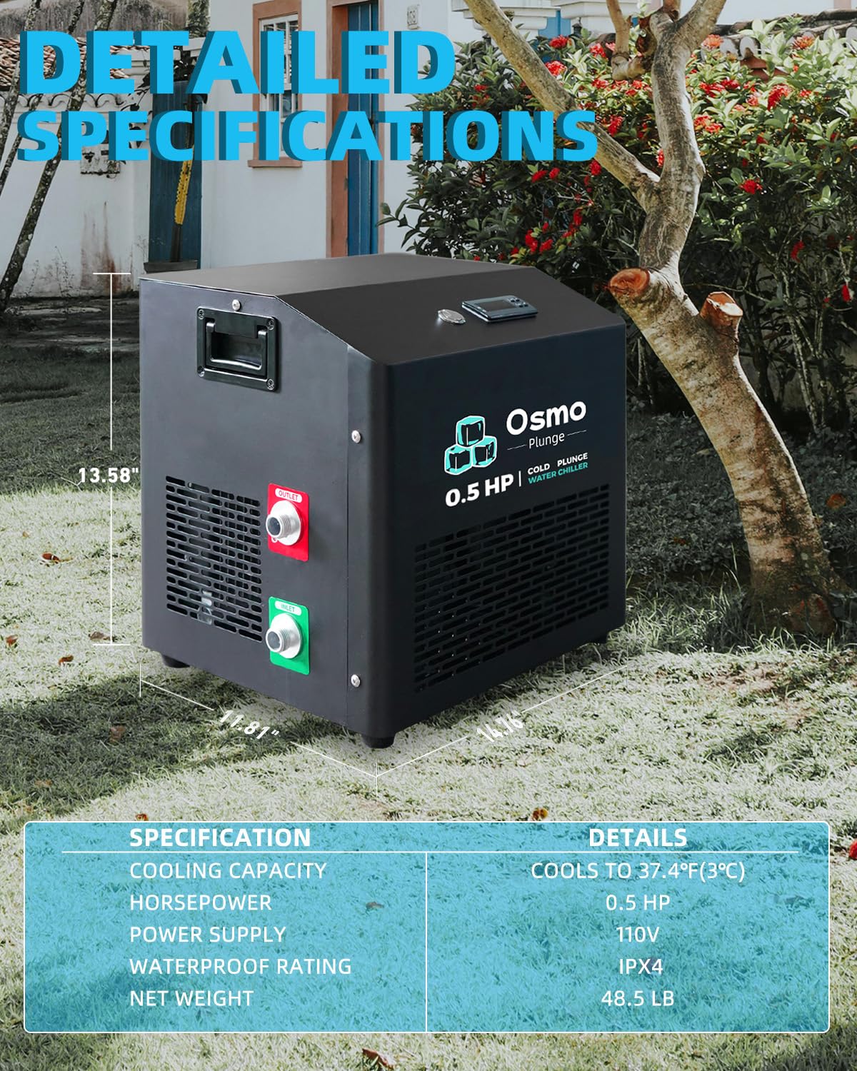 1/2 HP Ice Bath Chiller Cold Plunge Water Chiller for Home Use Compatible with Cold Tubs 1200W Fast Cooling, App-Enabled Temperature Control, Low Noise, IPX4 Splash Resistant