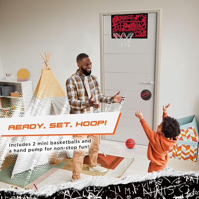 AND1 Over the Door Mini Basketball Hoop: 18x12 Shatterproof Backboard, 2 Mini Basketballs, and Hand Pump Included- Ultimate Indoor Basketball Accessory for Kids and Adults, No Tools Required