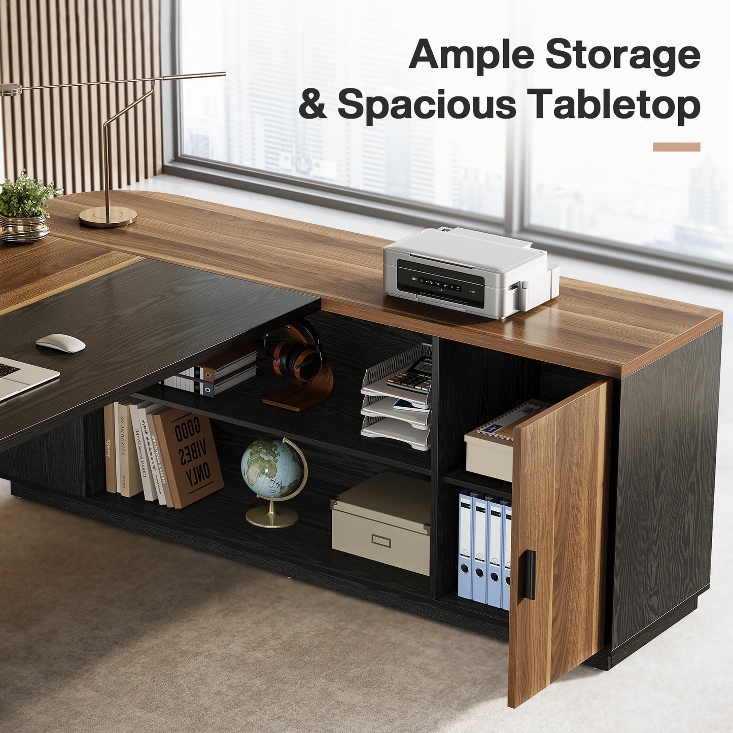 Tribesigns 79-Inch Executive Desk, Large Office Desk with Cabinet, L-Shaped Compter Desk with Storage Shelves, Writing Table for Home Office, Brown and Black