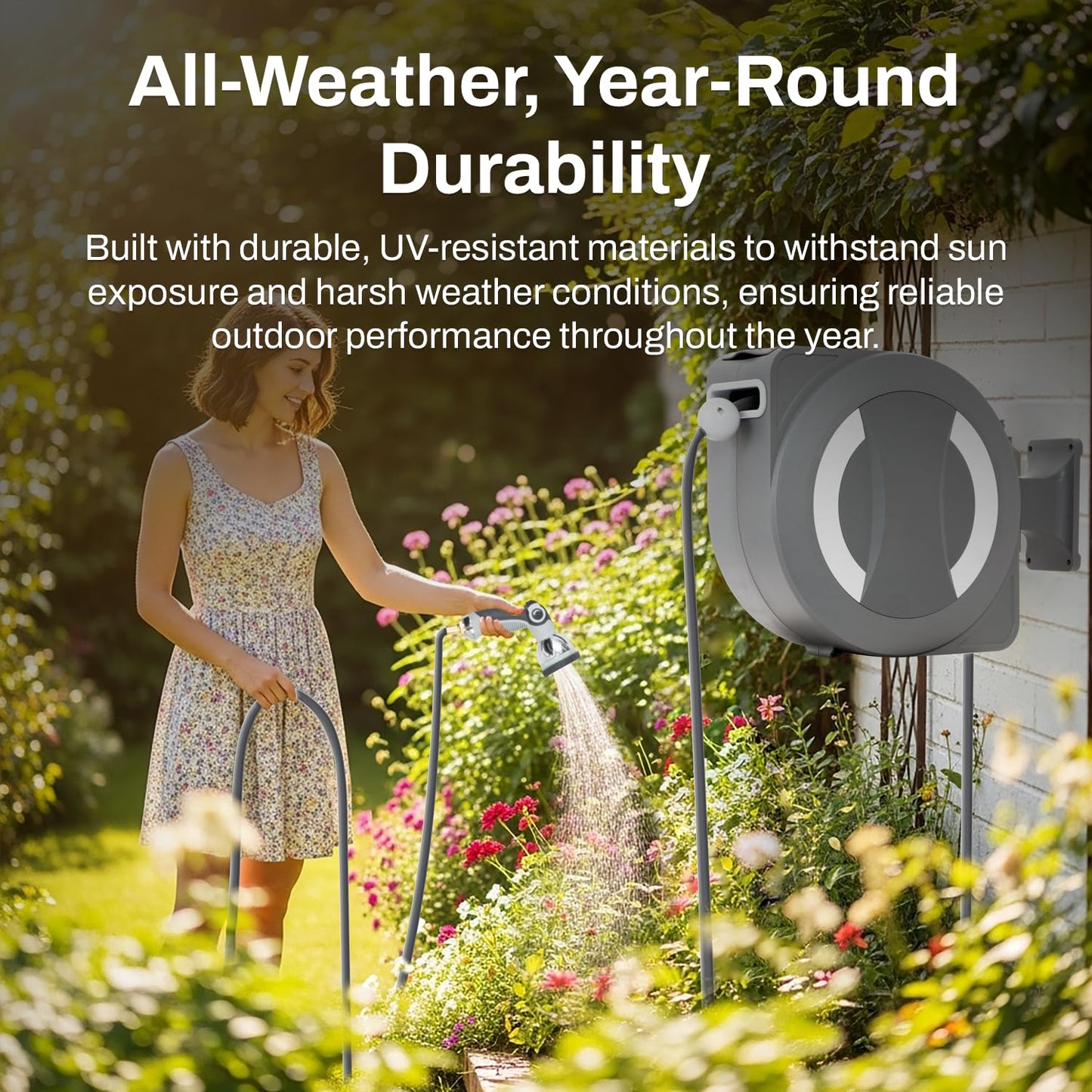 Betta EaseReel Battery-Powered Wall-Mounted Retractable Hose Reel, with Quick-Access Dual Hose Length Control, 8 Spray Patterns Nozzle, Automatic Roll-Up & Tangle-Free Hose Guide (1/2'', 78FT/23m)