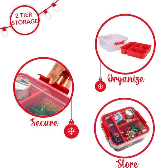 Gift Supply Storage Box by Simplify - 5 Compartment Design with Clear Top Lid | Red | 9.5” x 9.5” x 4.5”