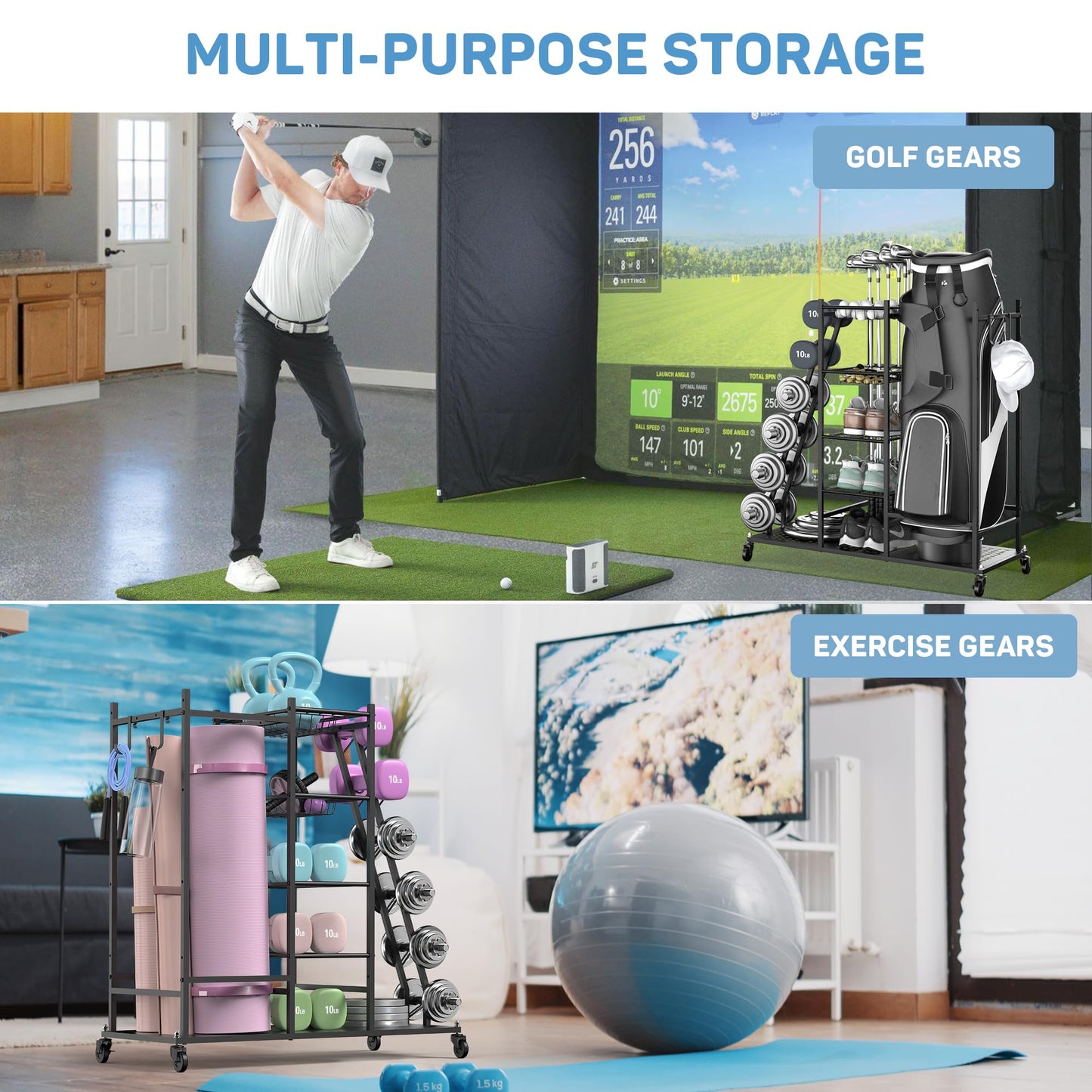 PLKOW Weight Rack for Dumbbells, Home Gym Storage for Dumbbells Yoga Mat Kettlebells and Gym Equipment, Golf Bag Organizer Dumbbell Rack for Garage, Home Gym