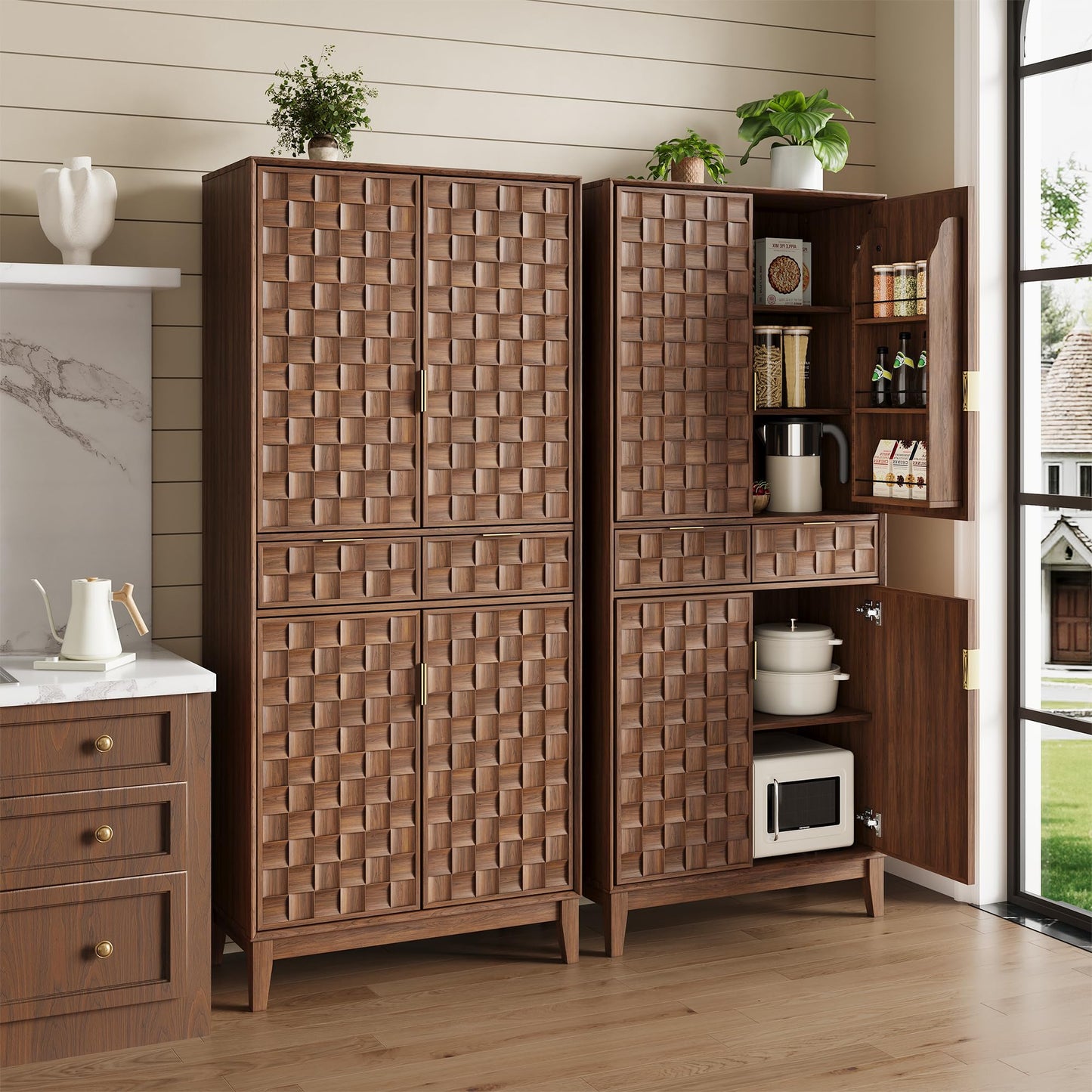 Pantry Cabinet, 71" Tall Pantry Cabinet,Modern Kitchen Cabinet with Doors, Drawers & Adjustable Shelves, Freestanding Food Pantry Cupboard with Side Rack for Kitchen Dining Room,Walnut
