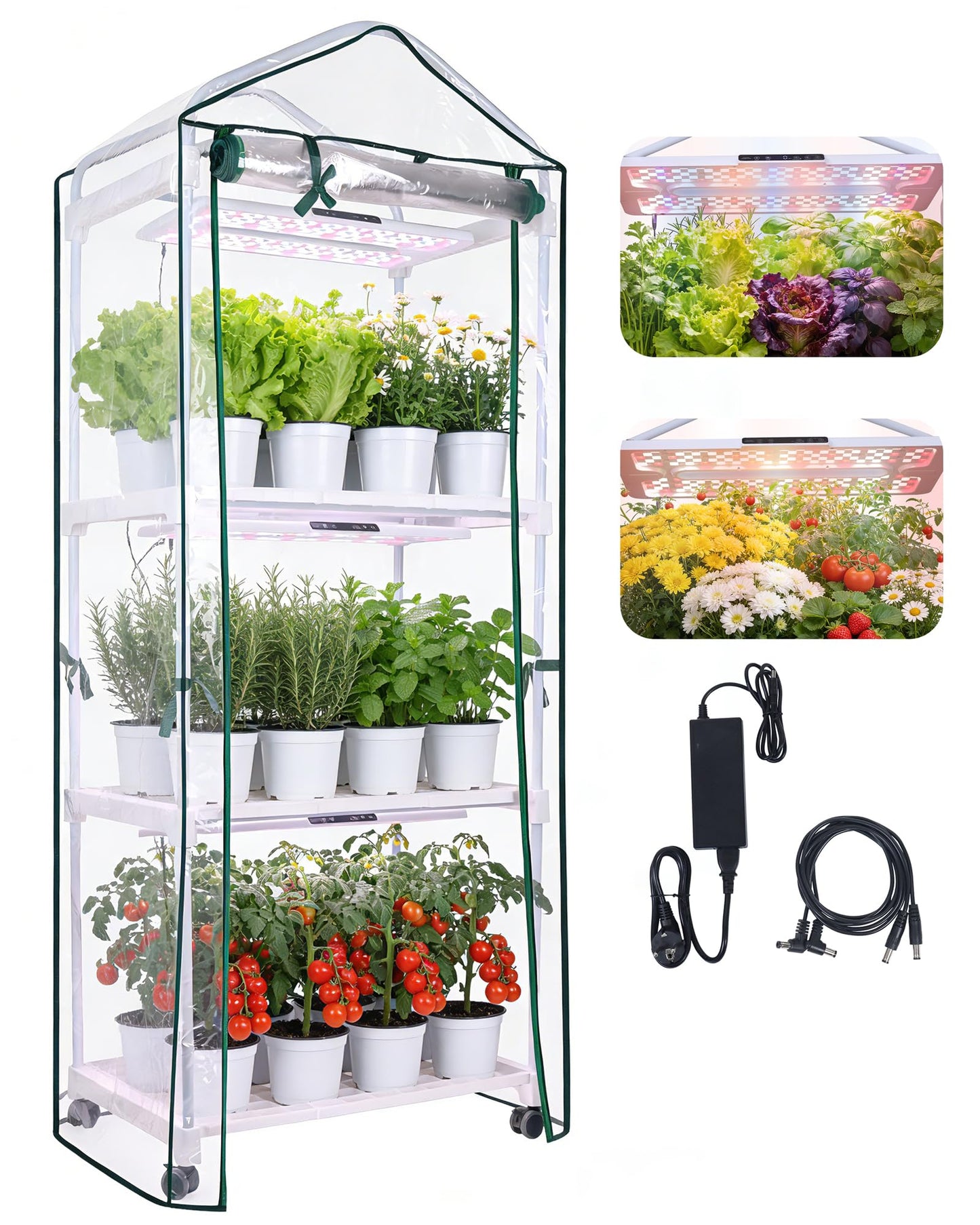Mini Indoor Greenhouse with Grow Light, 3-Tier Portable Plant Greenhouse Cabinet with Wheels, 36W Full Spectrum LED, Waterproof PVC Tent Cover for Seed Starting, Herbs, Indoor Plants (Clear, 3 Tier)