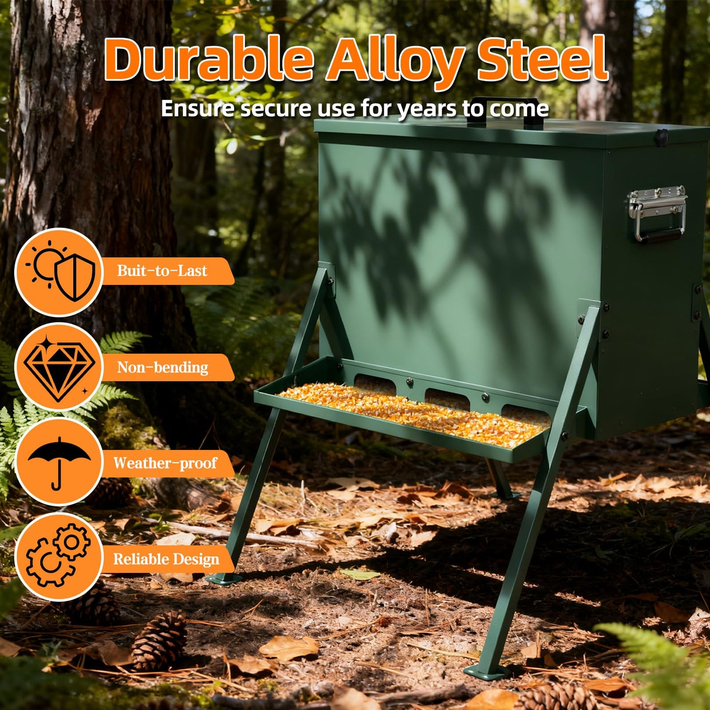 BUYYAH 90-110lb Deer Feeder, Heavy Duty Metal Hunting Game Feeder, Weatherproof Wildlife Feeders for Hunting, Gravity Deer Feeder Automatic Dispenser Feeds Protein and Corn, Green