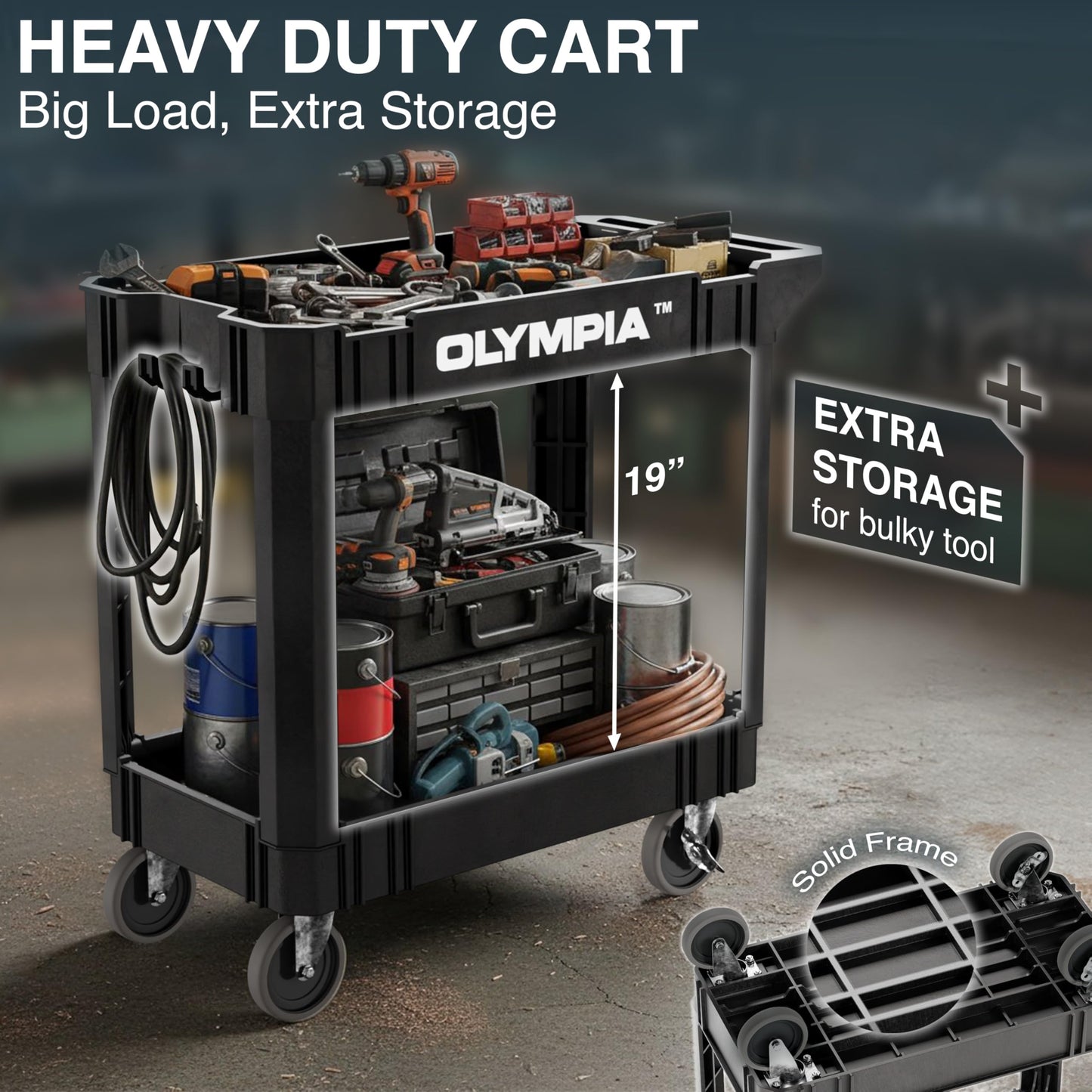 Olympia Tools 2 Tier Rolling Carts with Wheels – 500lbs Heavy Duty Utility Cart, Locking Swivel Wheels – Work Cart for Garage, Service & Industrial Use, Built-in Ruler