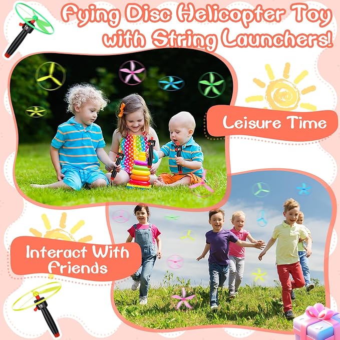 12 Pcs Flying Saucer Flying Disc Toy Helicopter Toy Disco Flyers Include 4 String Launchers and 8 Flying Saucer Flying Disc Launcher Flying Toys Little Teens Outdoor Activity Birthday Favors