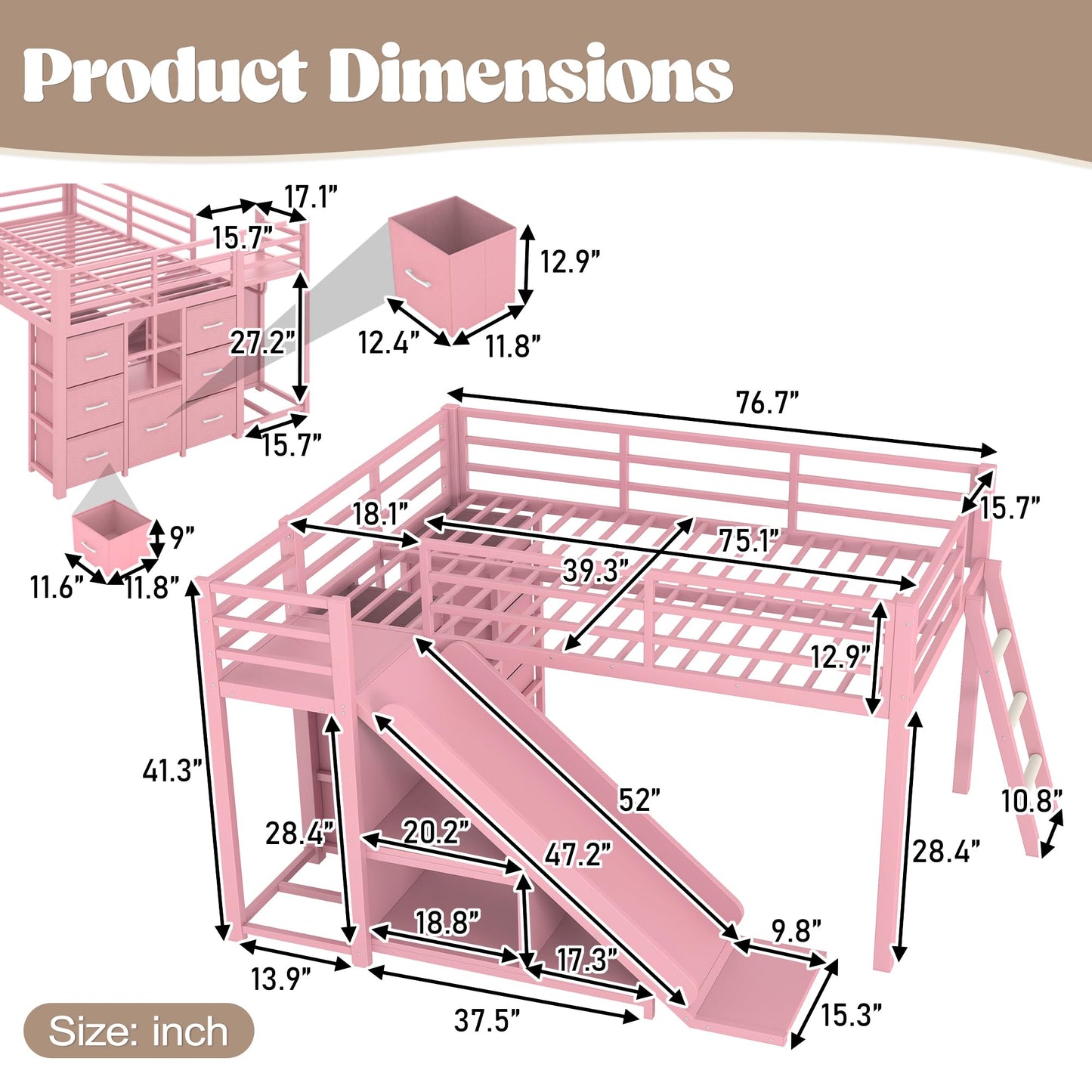KEIKI Twin Size Metal Loft Bed Frame with Slide & Ladder & Non-Woven Fabric Drawer & Shelves & Hanging Area, Multi-Storage Loft Bed with Slat, No Box Spring Required, Easy Assembly, for Bedroom, Pink