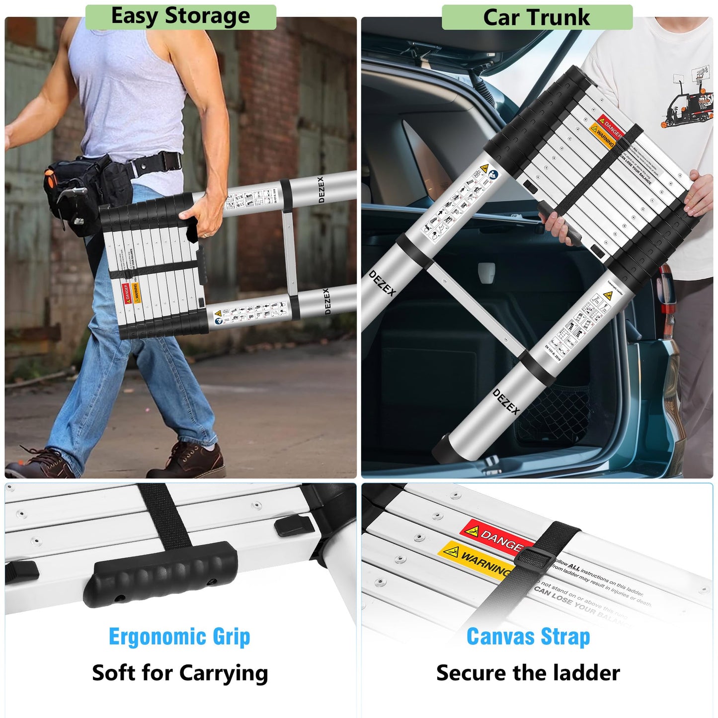 DEZEX Telescoping Ladders 16.5 FT Aluminum Ladder - One-Button Retraction Collapsible Extension Ladder with 2 Triangle Stabilizers & Hooks for Home, Outdoors, RV, Attic & Loft, Lasts 330 LBS