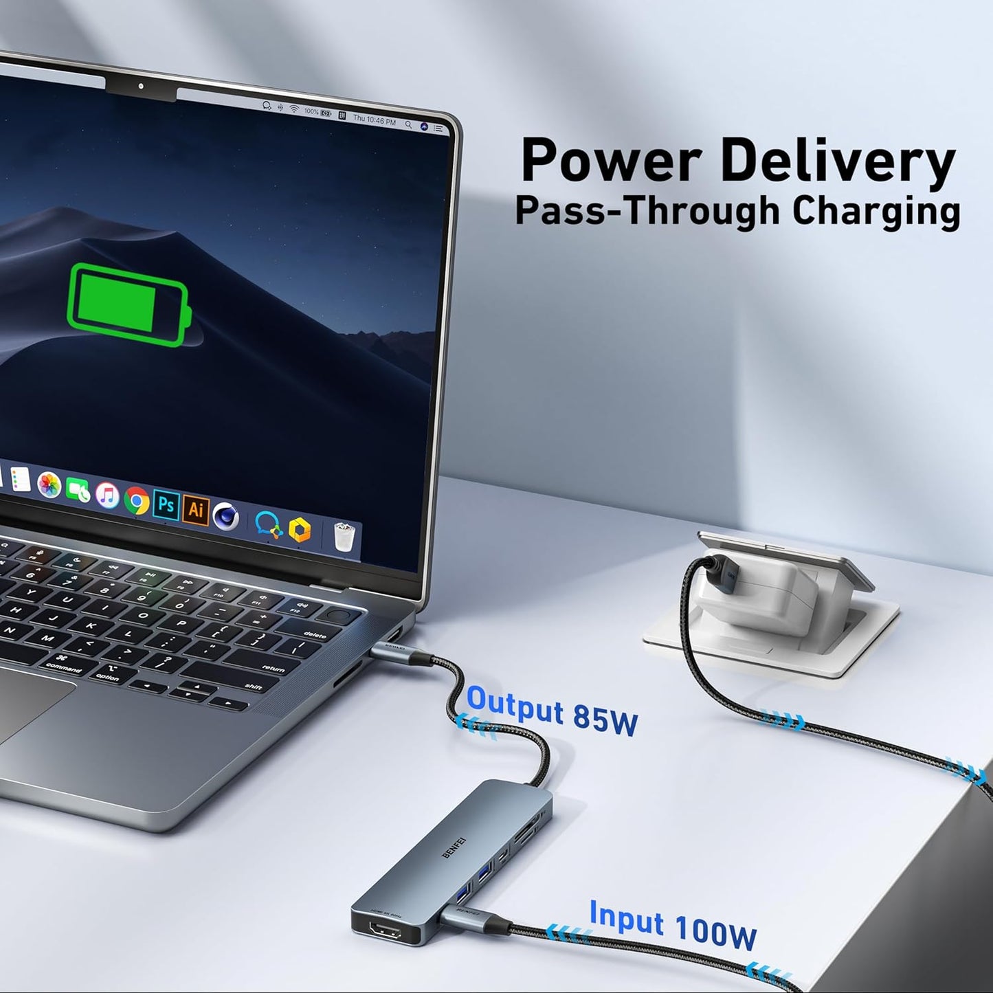 BENFEI 7-in-1 HDMI(4K@60Hz), 2 1 100W 15 USB C Hub with USB-A, USB-C Data, Charge, SD/TF Card Reader, Silicone