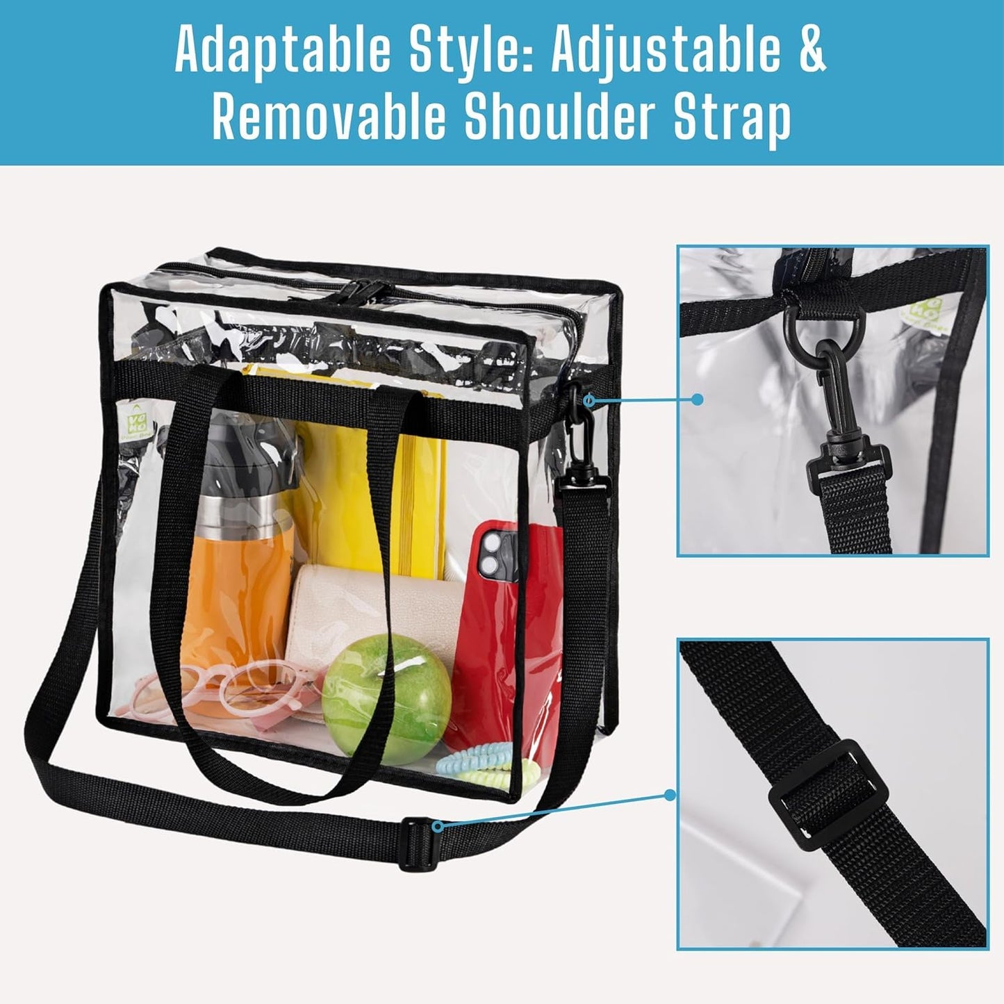 VENO Clear Tote Bag - Stadium Approved, Large 12x6x12 Transparent Crossbody for Beach & Events