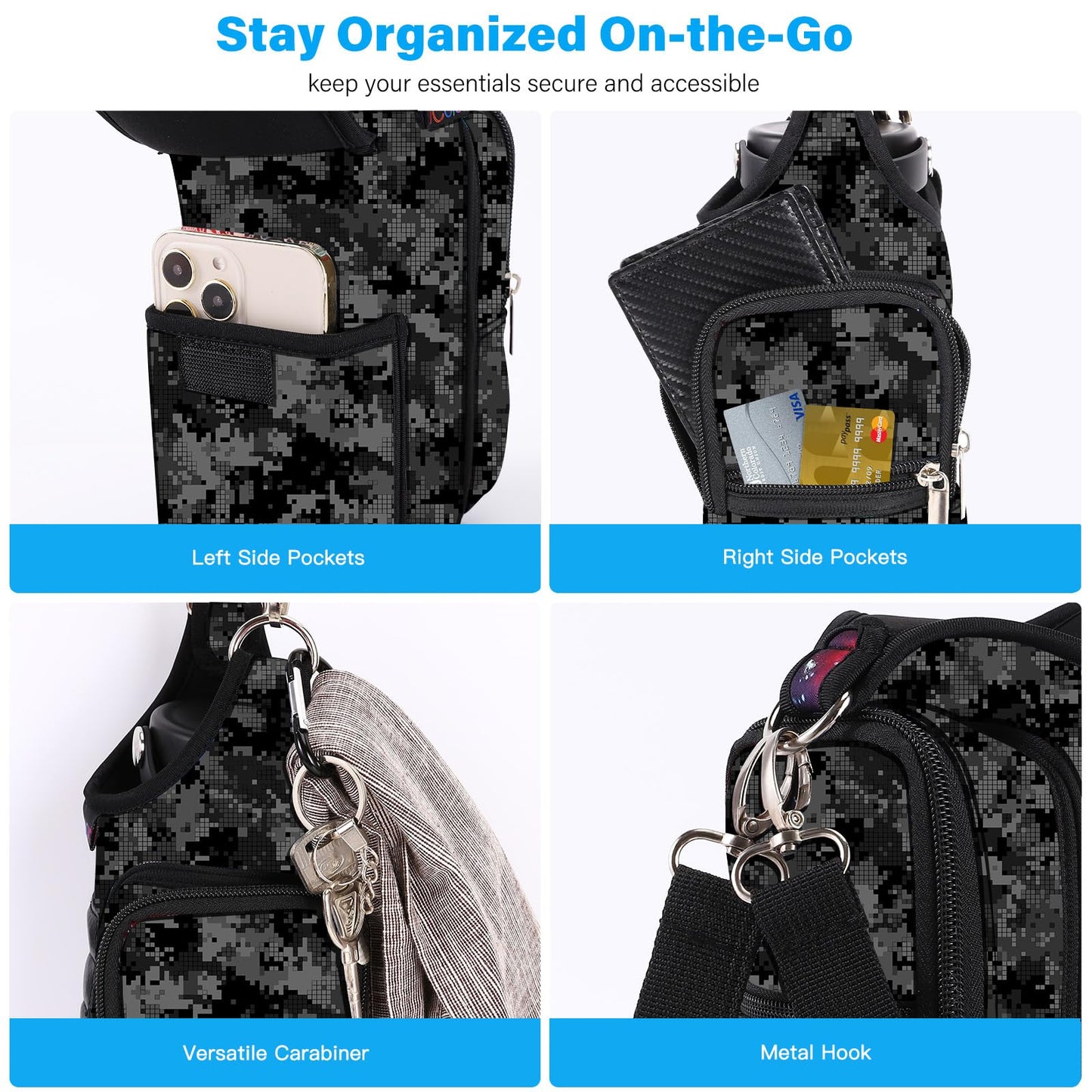 icolor Magnetic Gym Bag Water Bottle Holder with Phone Pockets,5 Built-in Magnets Gym Magnetic Bag Pouch Attach to Fitness Equipment,Diameter 3.9" Bottle Carrier Sling Bag